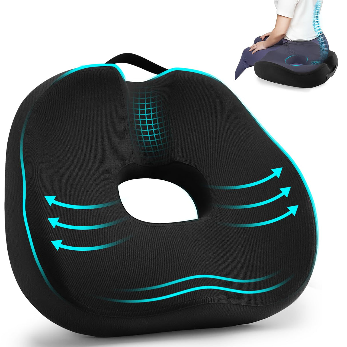 Donut Pillow, Hemorrhoid Pillow for Sitting, Donut Pillow for Tailbone Pain Relief Cushion, Two Humps Hip Comfortable Design, Doughnut Pillow, Butt Pillows for Postpartum Pregnancy, L Size-Black