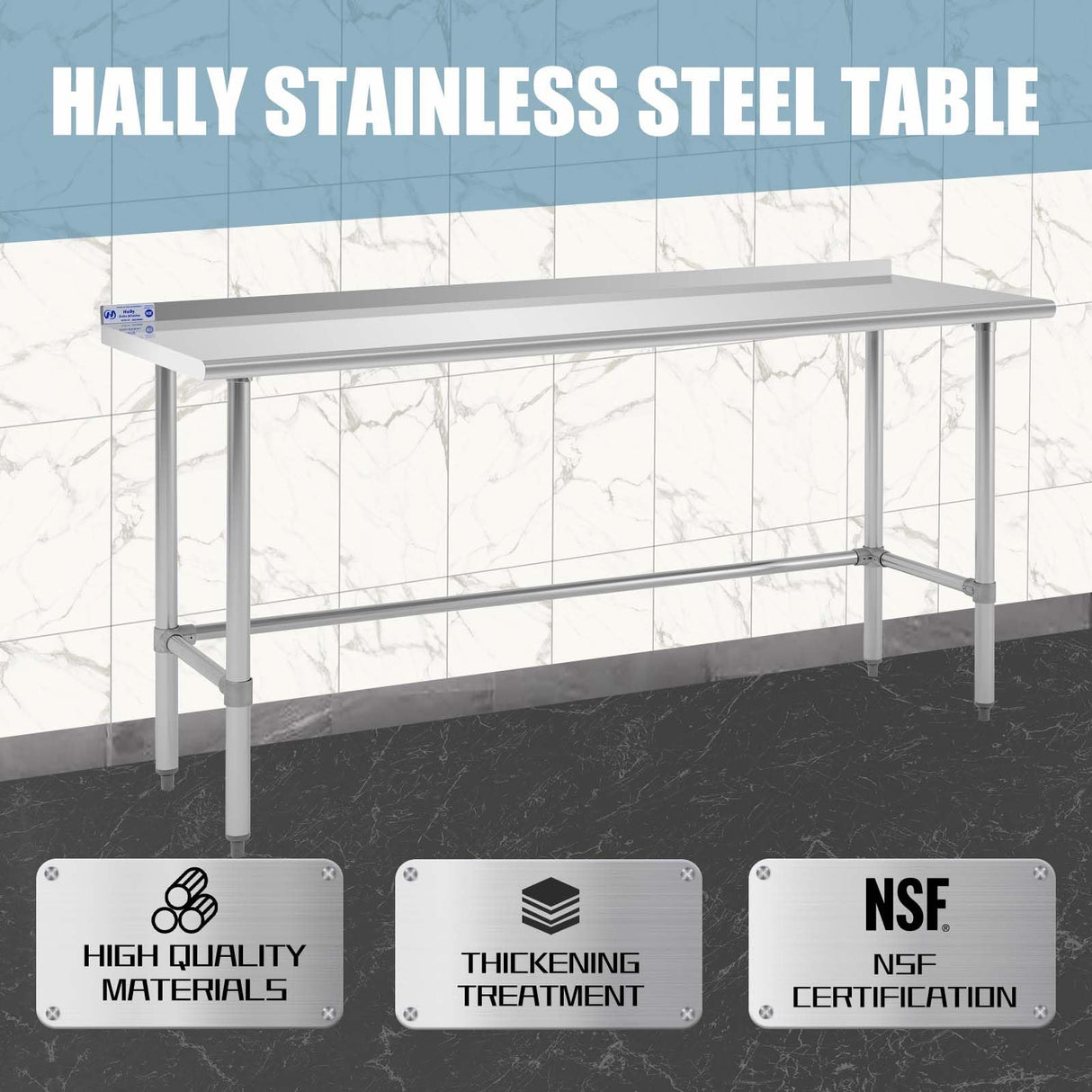 Hally Open Base Stainless Steel Table 24 x 72 Inches, NSF Commercial Heavy Duty Prep & Work Table with Backplash and Galvanized Legs for Restaurant, Home and Hotel