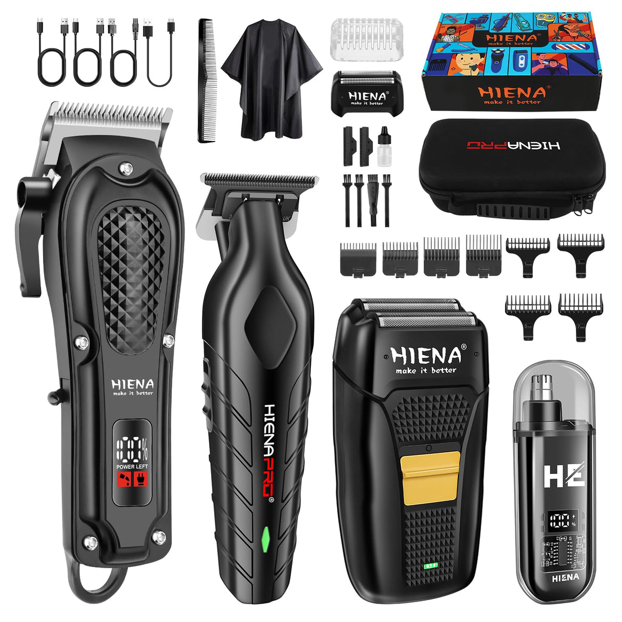 HIENA PRO Professional Hair Clipper Set for Men, Cordless Barber Clippers Set and Trimmer Kit, Electric Beard Trimmer & Nose Trimmer Kit, Foil Shaver & Men's Facial Grooming Tool Kit, Gifts for Men