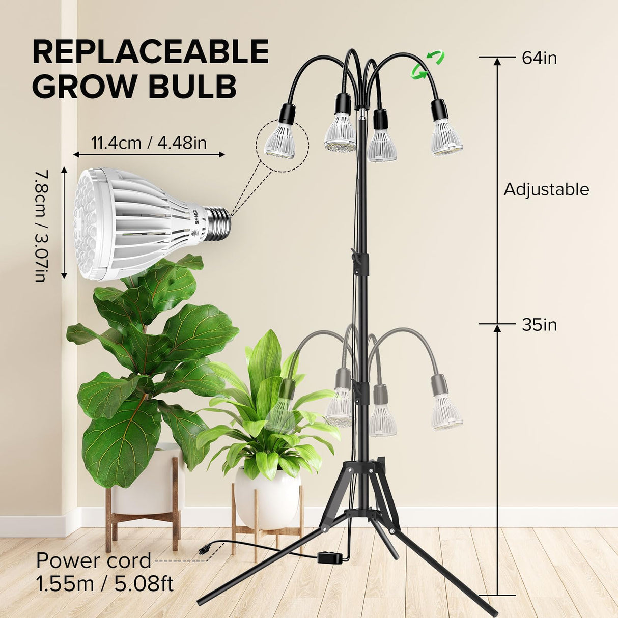 SANSI Grow Lights for Indoor Plants, 128W Full Spectrum Plant Lights for Indoor Growing, 35-64 inches Detachable Tripod Standing Grow Light with High PPFD No Dimmable 4 Pack of Par25 32W Bulb