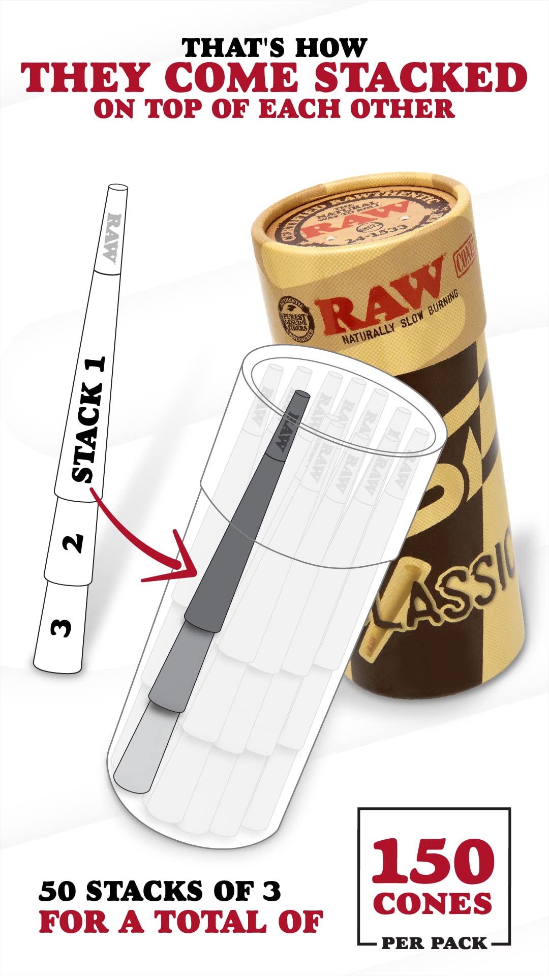 RAW Cones Classic 1-1/4 Size 84mm - 150 Pack Pre Roll Rolling Paper