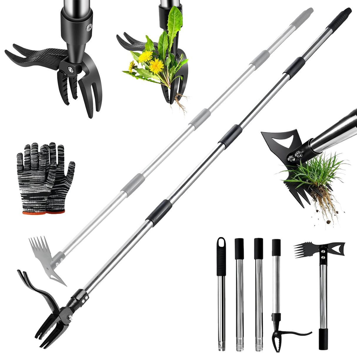 HWLANTU Stand Up Weed Puller Tool with 58" Adjustable Long Handle, 2 in 1 Heavy Duty Manual Weeder & Garden Hoe, 4-Claw Steel Head Weed Remover with Gloves for Yard Lawn Patio Flower Bed