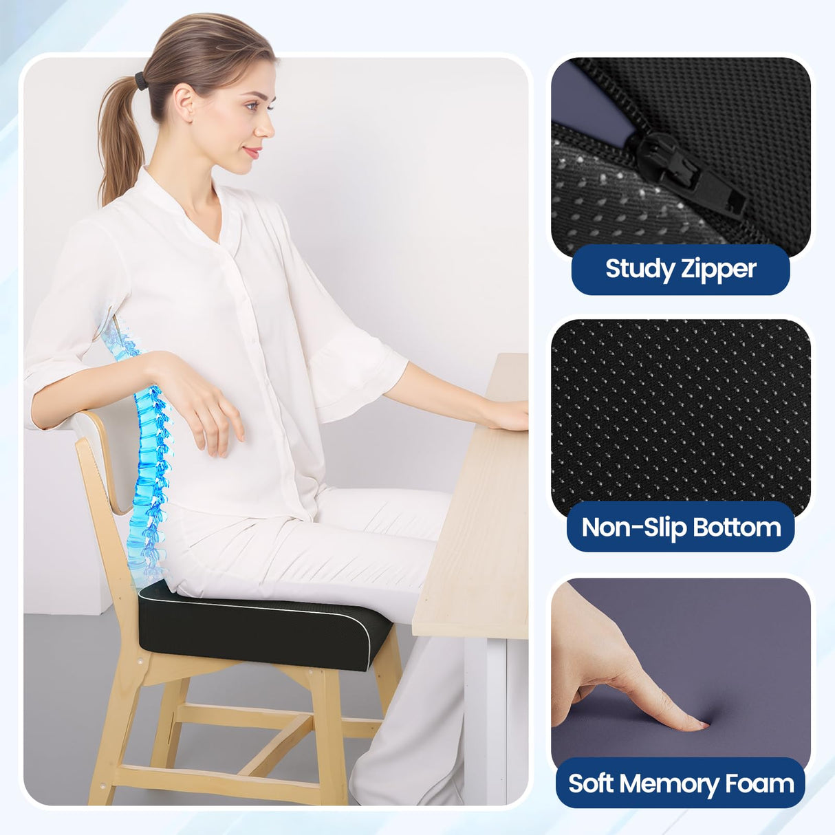 SweetSlubr Seat Cushion for Taibone Pain Relief, Office Chair Cushion, Memory Foam Large Chair Cushion with Non-Slip Cover for Soft Support at Office Chair, Car Seat, Airplane, Bleacher Black/Large