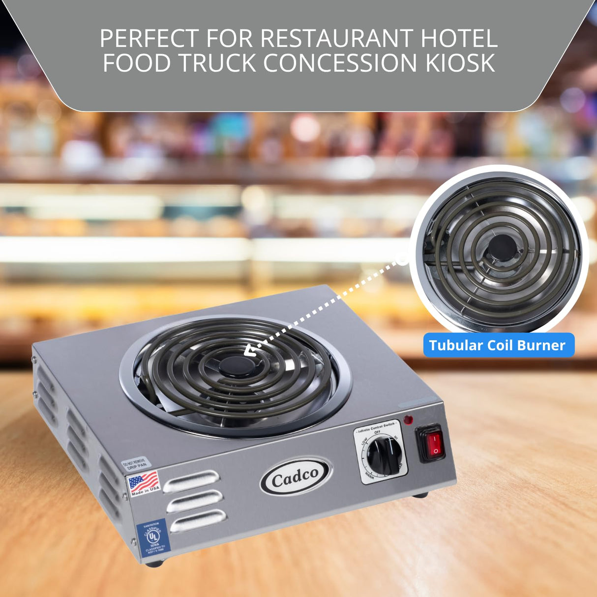 Cadco CSR-3T 14" Electric Portable Countertop Hi-Power Hot Plate w/One Tubular Burner for Restaurant Hotel Food Truck Concession Kiosk, Stainless Steel, 120v