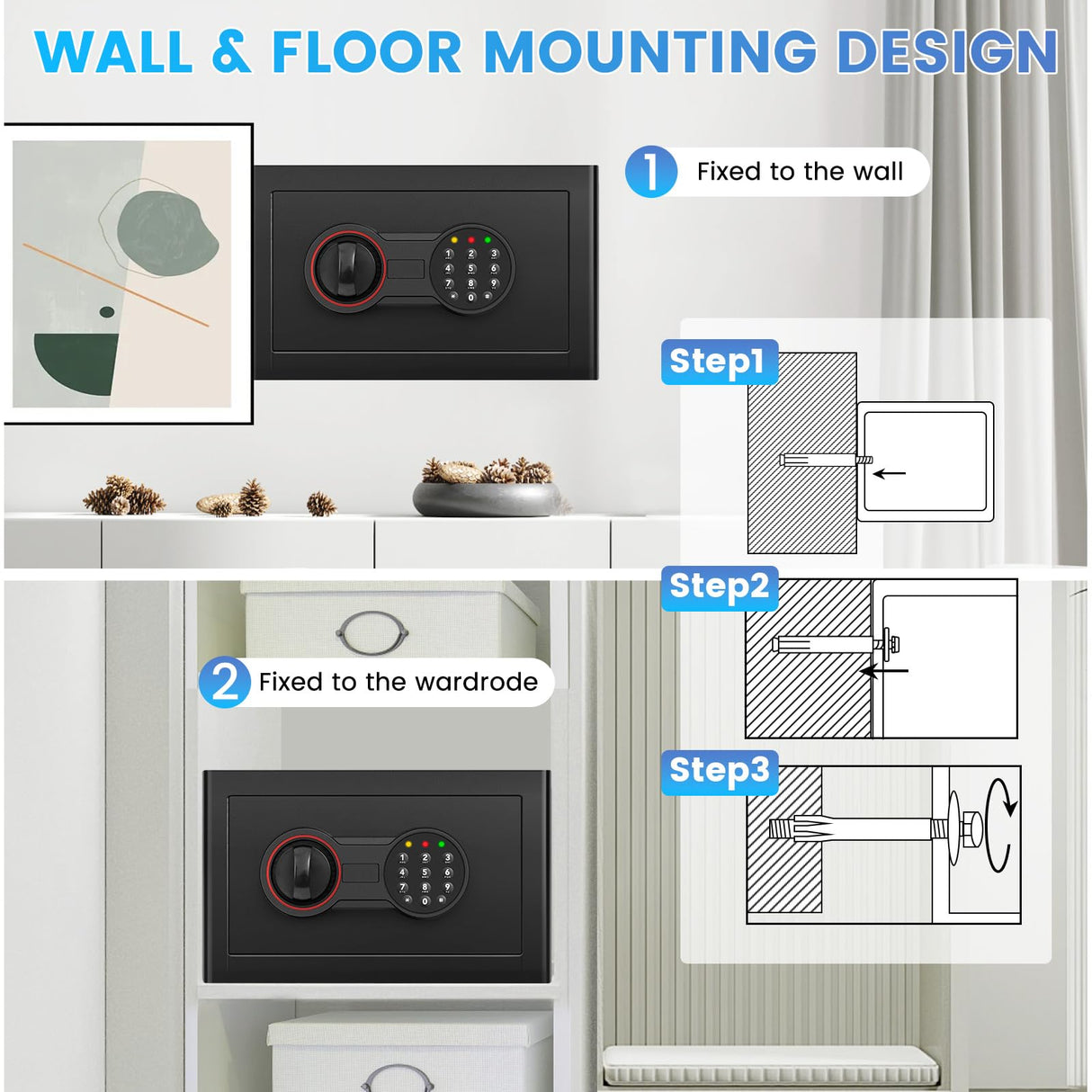 Small Safe for Home, 6.69"H Safe Box with Fireproof Waterproof Bag for College Dorm Room, Money Safe with Alarm System, Sensor LED Light, Wall/Floor Mountable, Hidden Safes for Cash, Jewelry, Medicine
