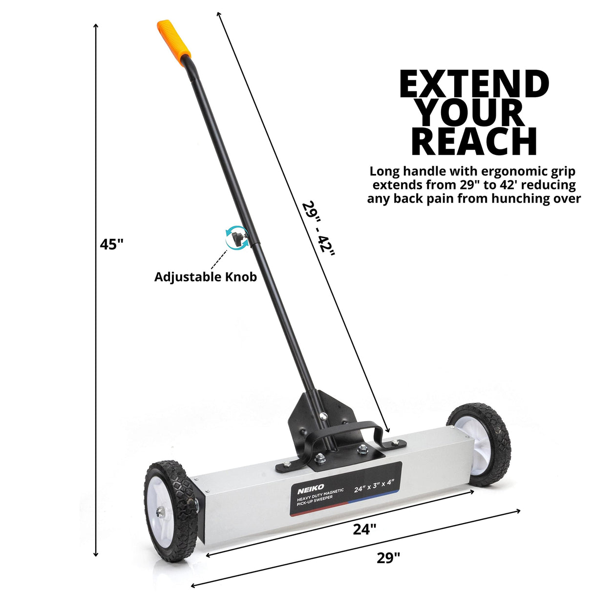 NEIKO 53416A 24” Rolling Magnetic Sweeper with Wheels, 50 Pound Capacity, Adjustable Handle & Floor Magnet Clearance Height, Metal Pick Up and Nail Magnet, Floor Sweeper for Construction, Shop, Etc.