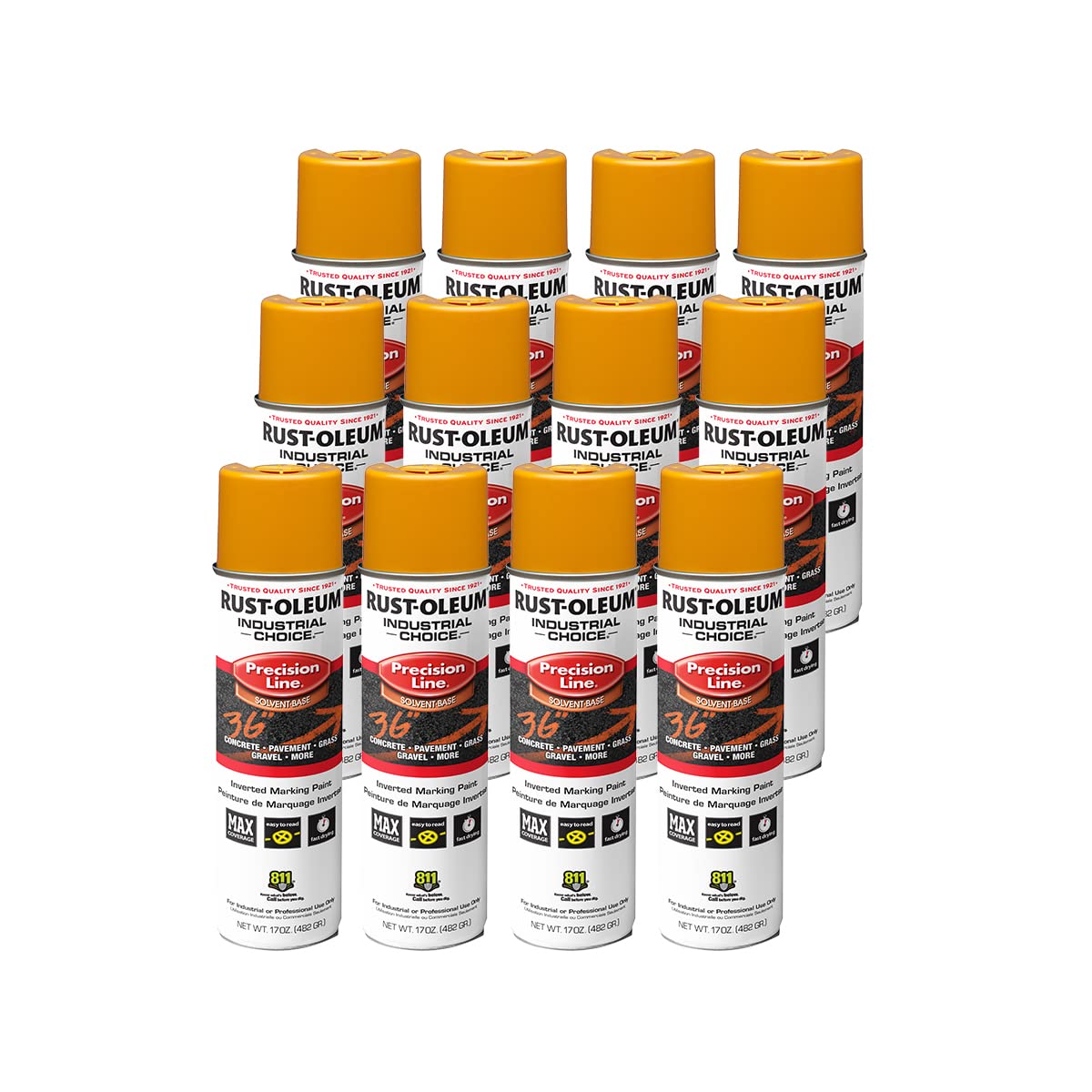 Rust-Oleum 203024-12PK Industrial Choice Inverted Solvent-Based Marking Spray Paint, 17 Oz, Caution Yellow, 12 Pack