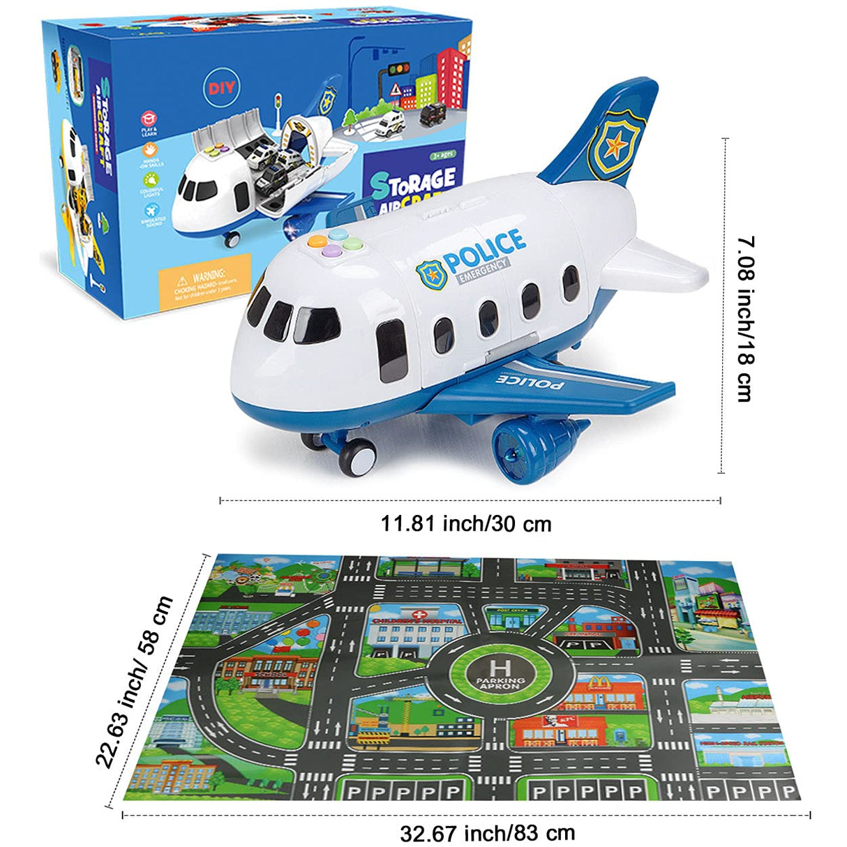 Dwi Dowellin 5 in 1 Airplane Toys with Light and Sound,Police car Toys with Activity Mat, Christmas Birthday Gifts for Kids 3 4 5 6 Year Old Boys Girls