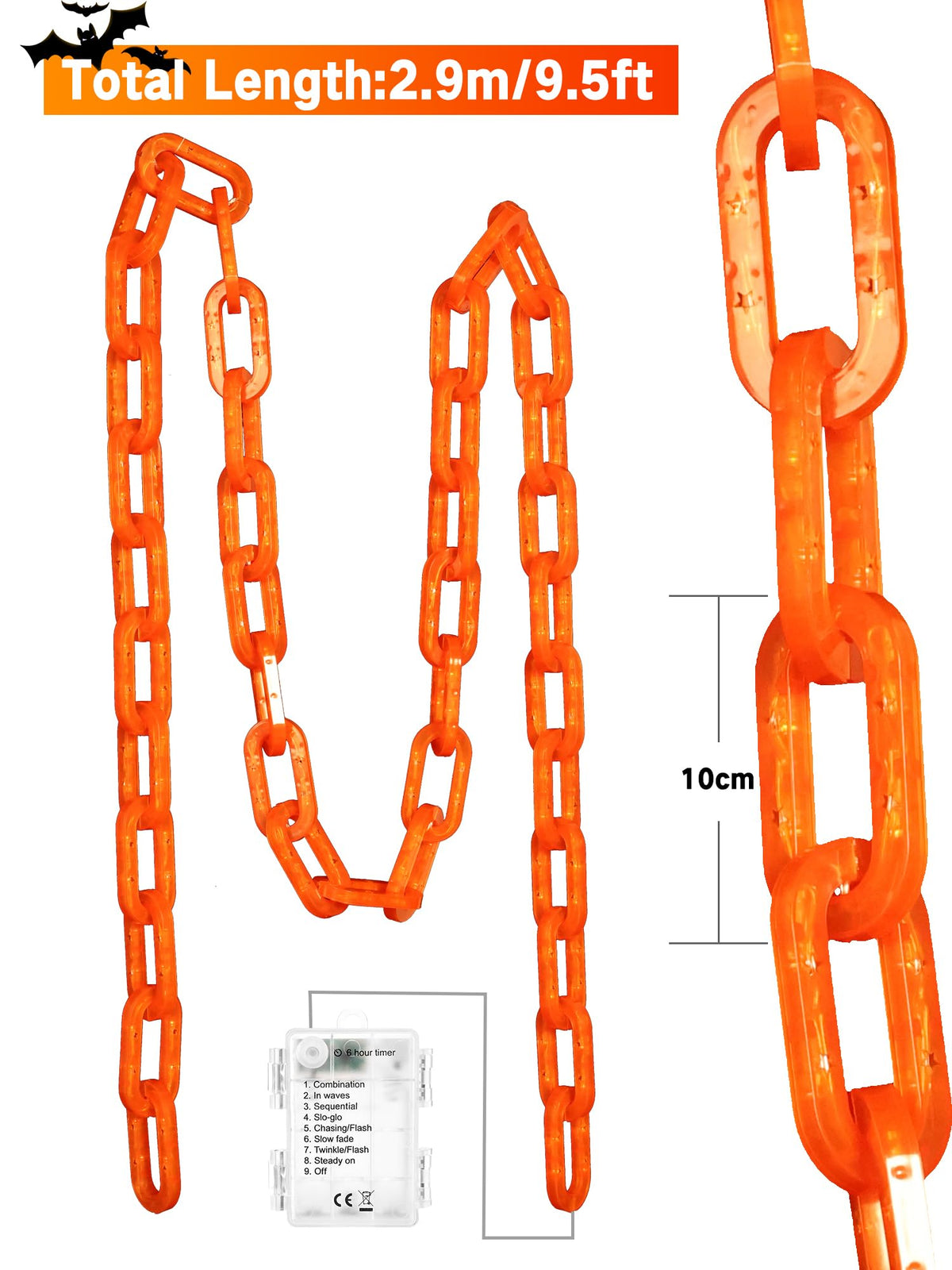 Battery Halloween Chain Lights 10 FT 160 LED Orange Light-Up Plastic Timer