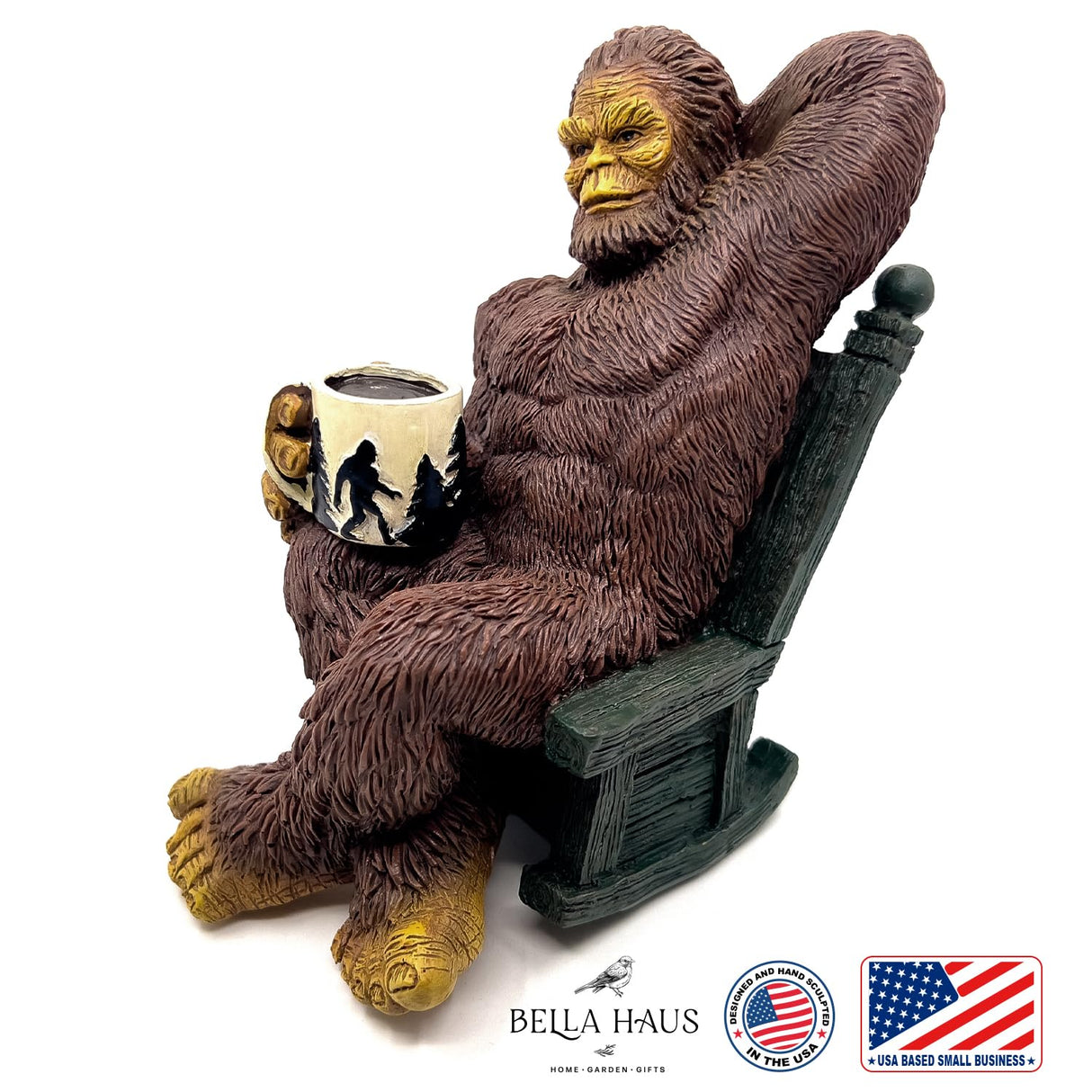 Bella Haus Bigfoot Garden Statue | Sasquatch Enjoying Morning Coffee | Whimsical Bigfoot Cabin Décor for Yard Patio Office or Home | Mythical Coffee-Loving Sasquatch Figurine | Hand-Painted Resin