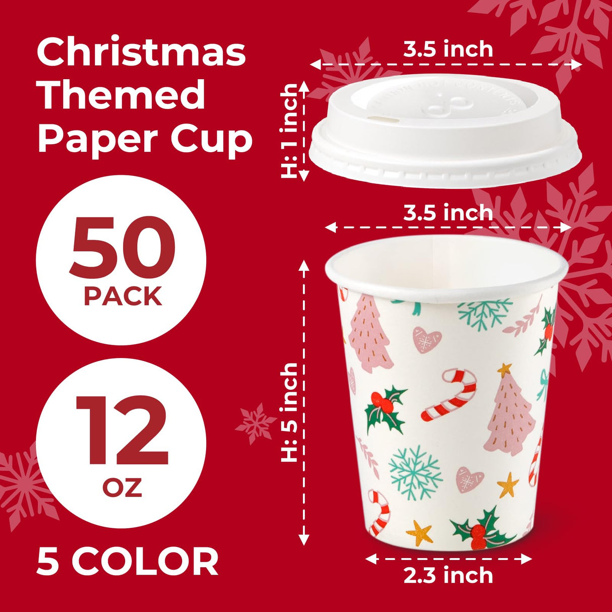 Fit Meal Prep 50 Pack 12 oz Christmas Disposable Coffee Cups with Lids, Premium Paper To Go Paper Cups, Leak Proof Hot Coffee Cups for Travel, Office, Hot/Cold Beverages (White Lids)