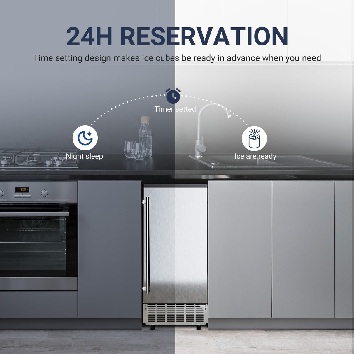 ICYGLEE Commercial Under Counter Ice Maker Machine with Drain Pump, 100Lbs/Day with 24lbs Storage, Auto-Cleaning, 24H Timer, Built-in Freestanding Ice Maker for Home/Commercial & Home Use. (Steel)