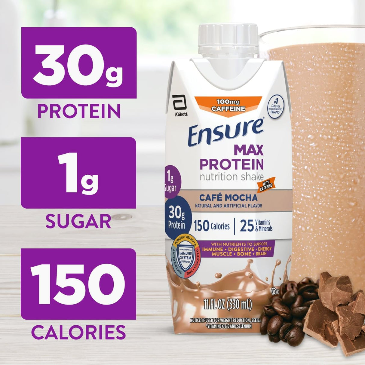 Ensure Max Protein Cafe Mocha Nutrition Shake | 30g Protein, 1g Sugar, 4g Fiber Blend | 12 Pack
