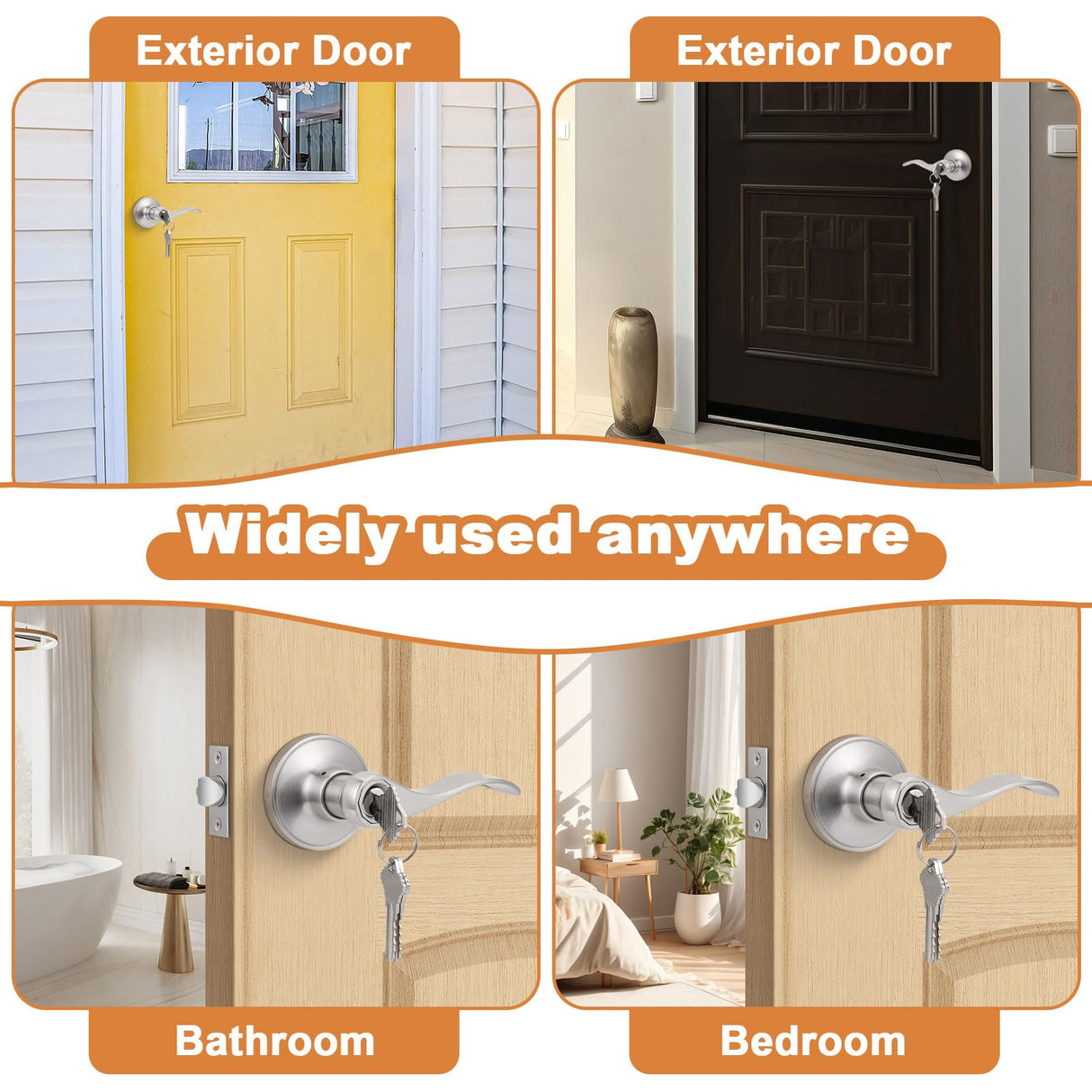 Probrico (2 Pack Wave Style Keyed Alike Entry Levers, Exterior Interior Satin Nickel Keyed Door Handles with Lock and Same Keys, Reversible for Right Left Handed Doors