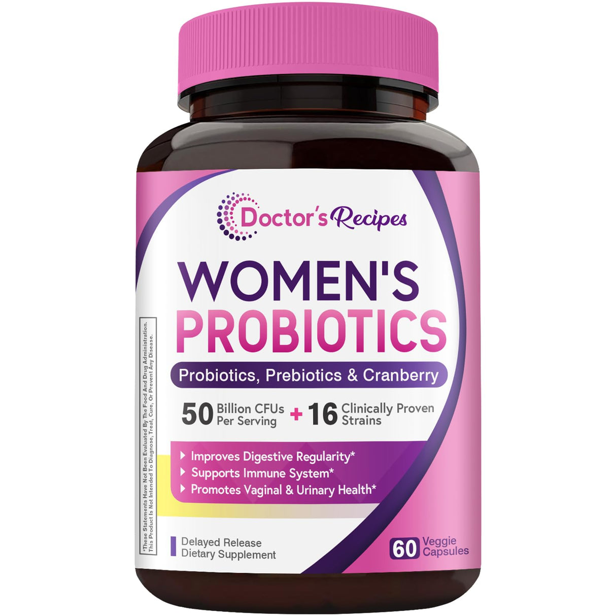 Doctor's Recipes Women’s Probiotic, 60 Caps 50 Billion CFU 16 Strains, with Organic Cranberry, Digestive Immune Vaginal & Urinary Health, Shelf Stable, Delayed Release, No Soy Gluten Dairy