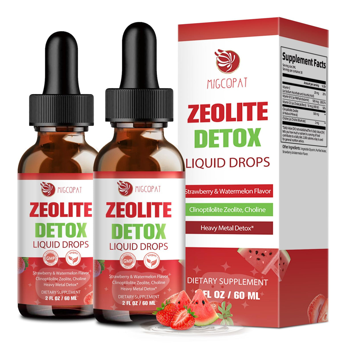 Zeolite Detox Liquid Drops 2 Pack(60ml Each), Zeolite Drops with B12, D3 & Vitamin C – Pure Body Cleanse Support for Heavy Metals, Natural Zeolite Formula, Strawberry Watermelon Flavor, 120ml