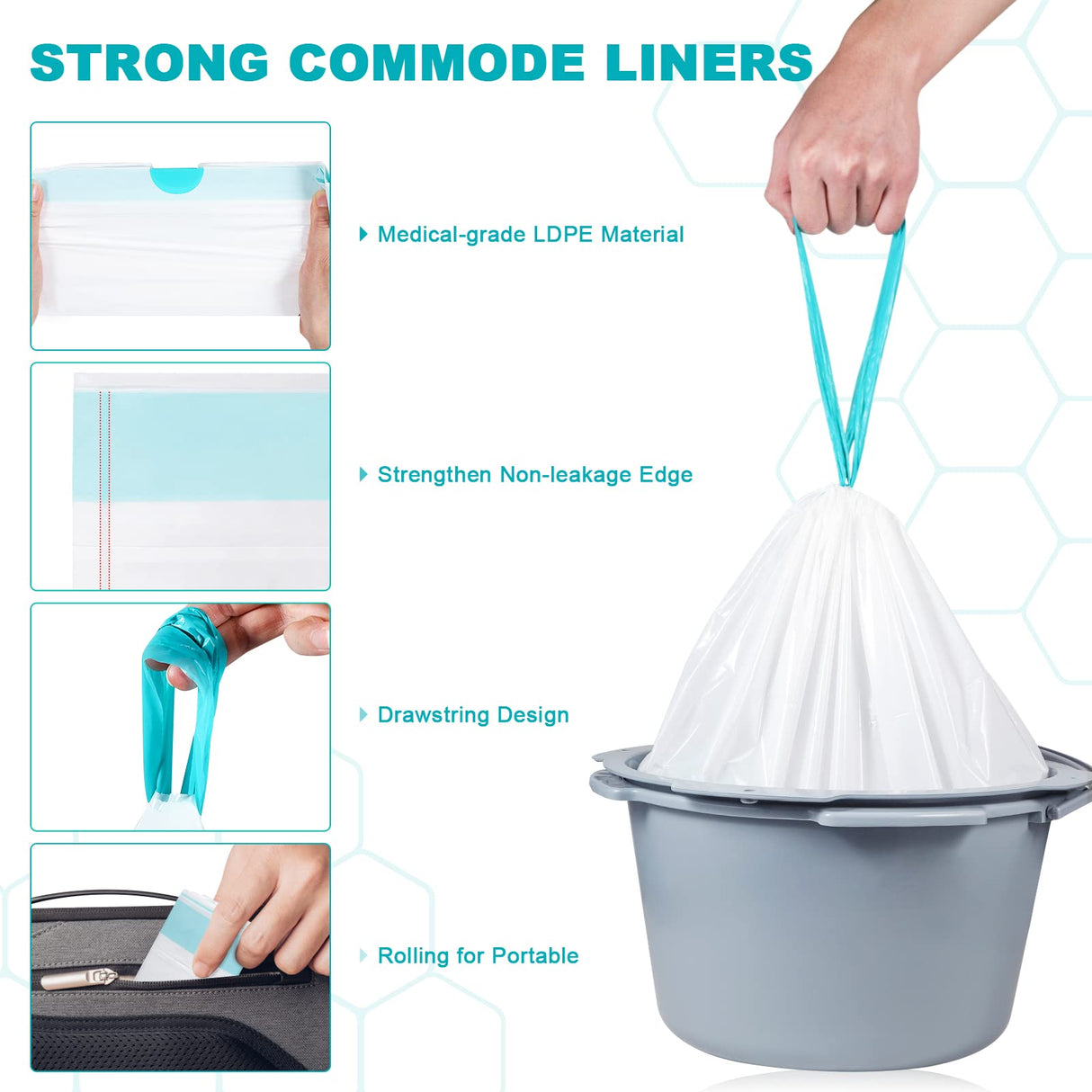 OUMEE Commode Liners with Absorbent Pads, 90 Bedside Commode Liners and 90 Pads for Commode Bucket, Disposable Commode Bags for Adults, Portable Leak-Proof Potty Chair Liners