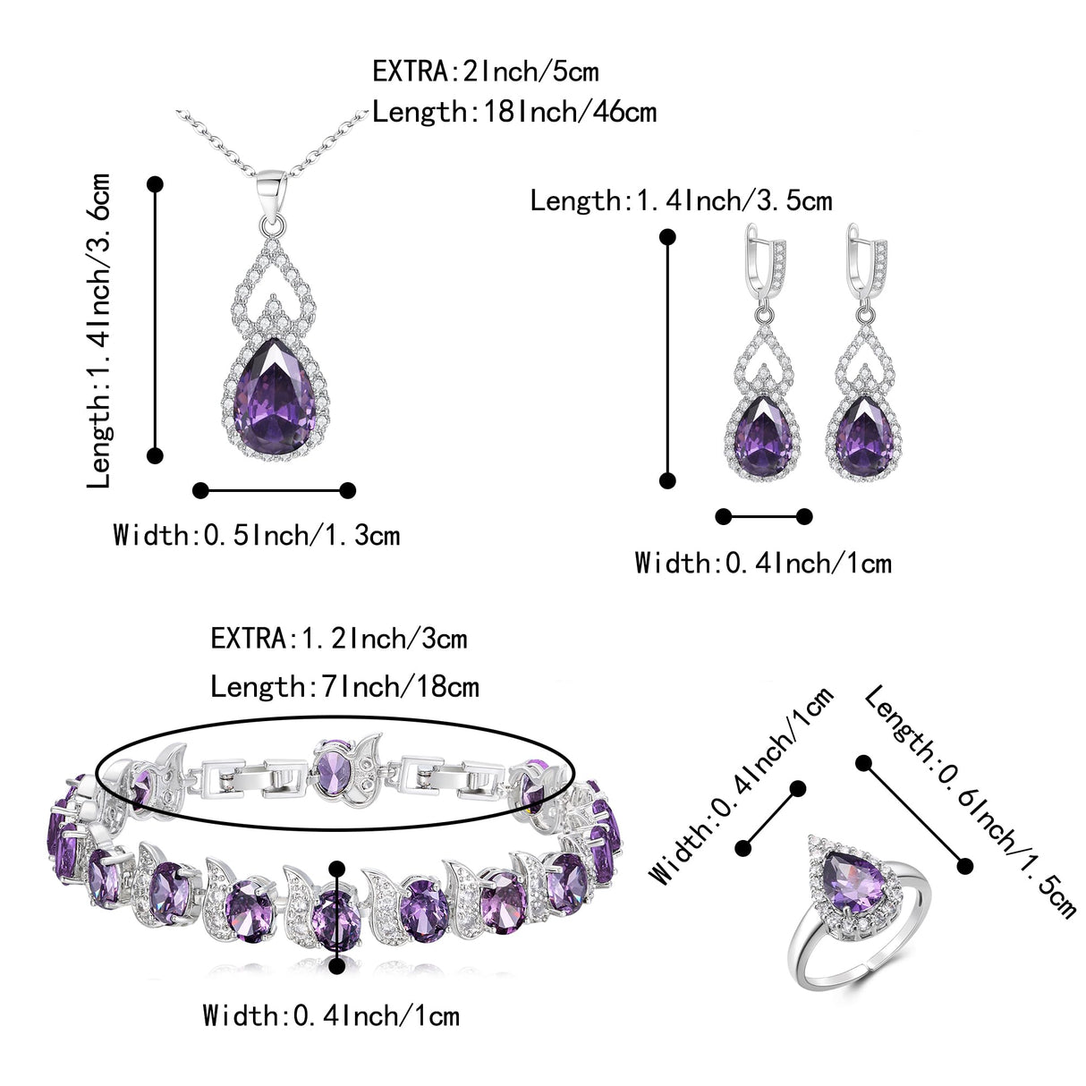 BriLove Wedding Jewelry Set for Women Bride Bridesmaid, Gorgeous Cubic Zirconia Teardrop Necklace Earrings Bracelet Adjustable Ring Set Gift for Birthday/Anniversary Purple Silver-Tone