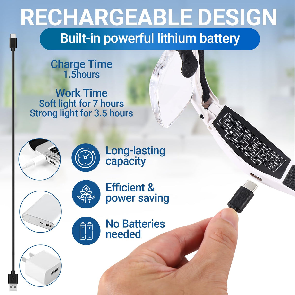 YOCTOSUN Head Magnifier Glasses with 3 LED Lights and 5 Detachable Lenses 0.75X, 1.25X,2.0X, 3.0X and 4.0X, USB Charging Eyeglasses Magnifier, Magnifying Glasses with Light for Close Work Hobby Crafts