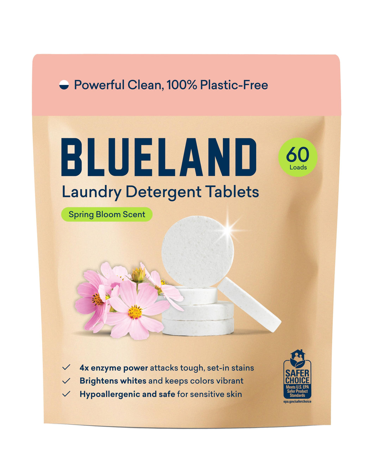 BLUELAND Laundry Detergent Tablets, 60 Count, Spring Bloom Scent, Plastic-Free Eco-Friendly Pods, Sheets, Liquid Alternative - Natural, Gentle, Non Toxic