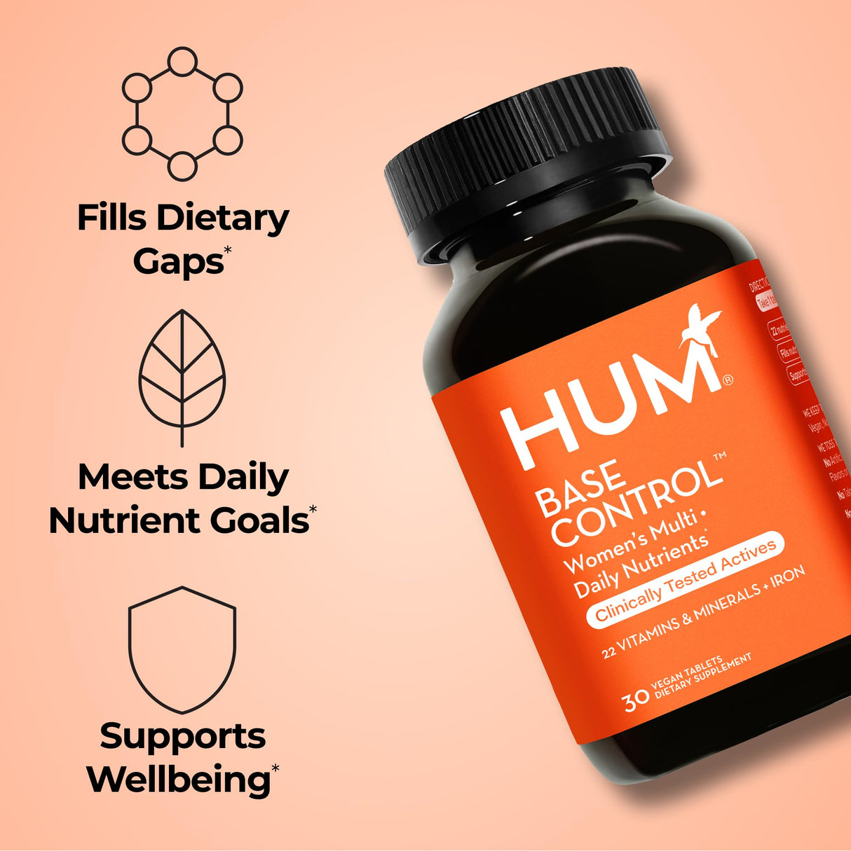 HUM Base Control - Daily Women's Multivitamin & Minerals w/B Complex, Vitamin C, 22 Micro-Nutrients + Iron & Biotin to Support Pre-Menopause Women - Non-GMO & Gluten-Free (30 Tablets)