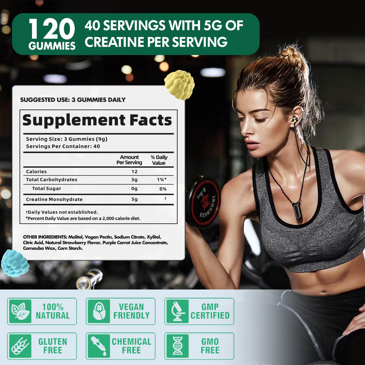 Creatine Monohydrate Gummies or Men & Women, Creatine Monohydrate for Muscle Strength, Muscle Builder, Energy Boost, Pre-Workout Supplement(120 Count)-Blueberry Pineapple Flavor.