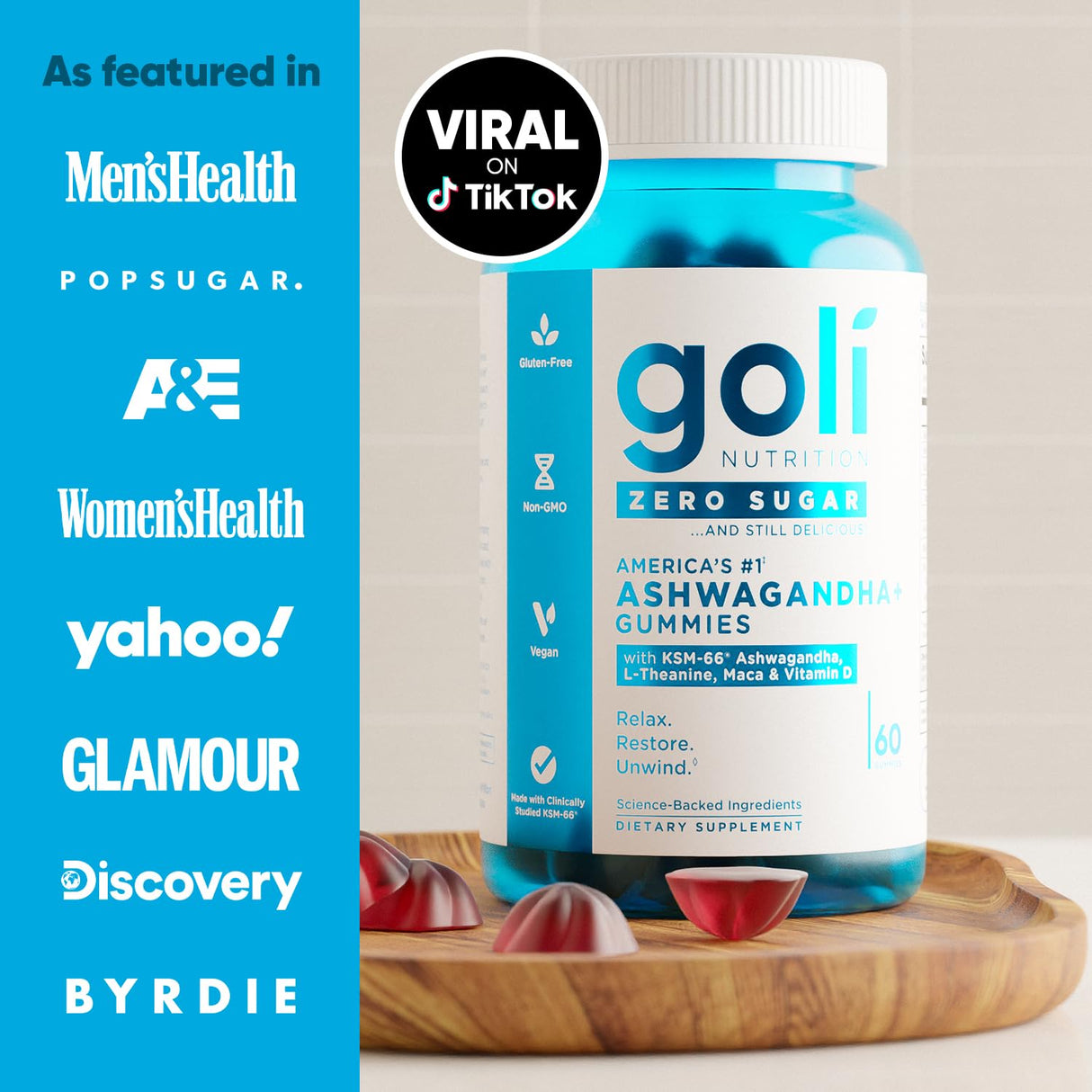 Goli Zero Sugar Ashwagandha & Vitamin D, Maca, L-Theanine Gummies, No Artificial Sweeteners, No Sugar Alcohols. Mixed Berry, KSM-66, Vegan, Plant Based, Non-GMO, Gluten-Free & Gelatin Free. (3)