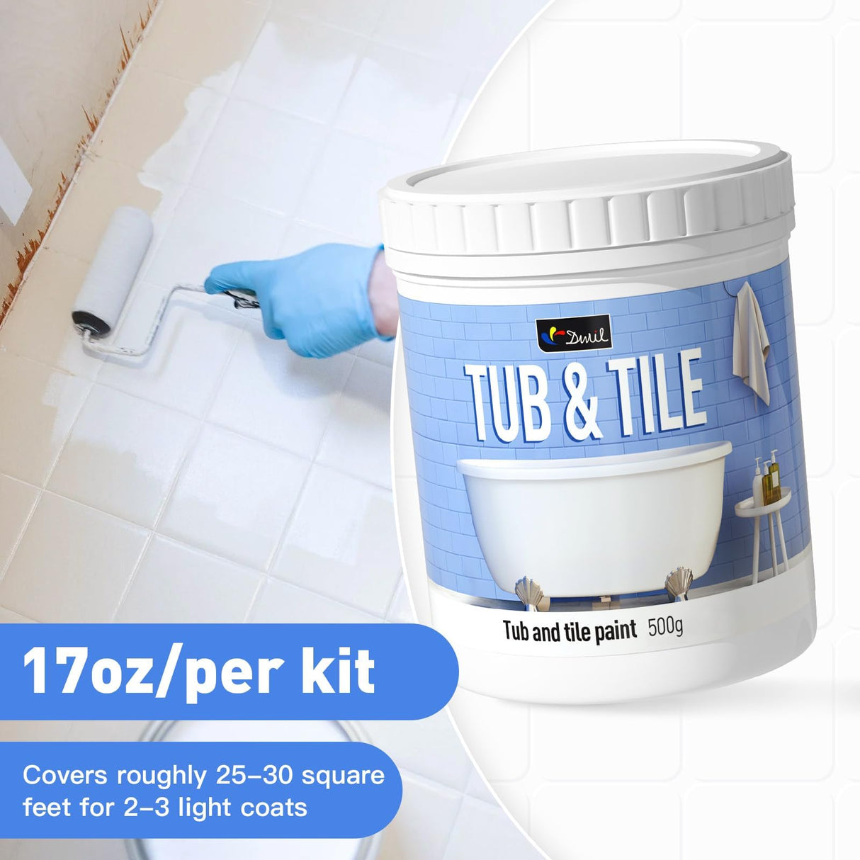 DWIL Tile Paint, Tub and Tile Refinishing Kit with Tools, Water-based Bathtub Paint - Low Odor, Easy to Use, 25-30sq.ft, 16.5oz, Semi-Gloss White