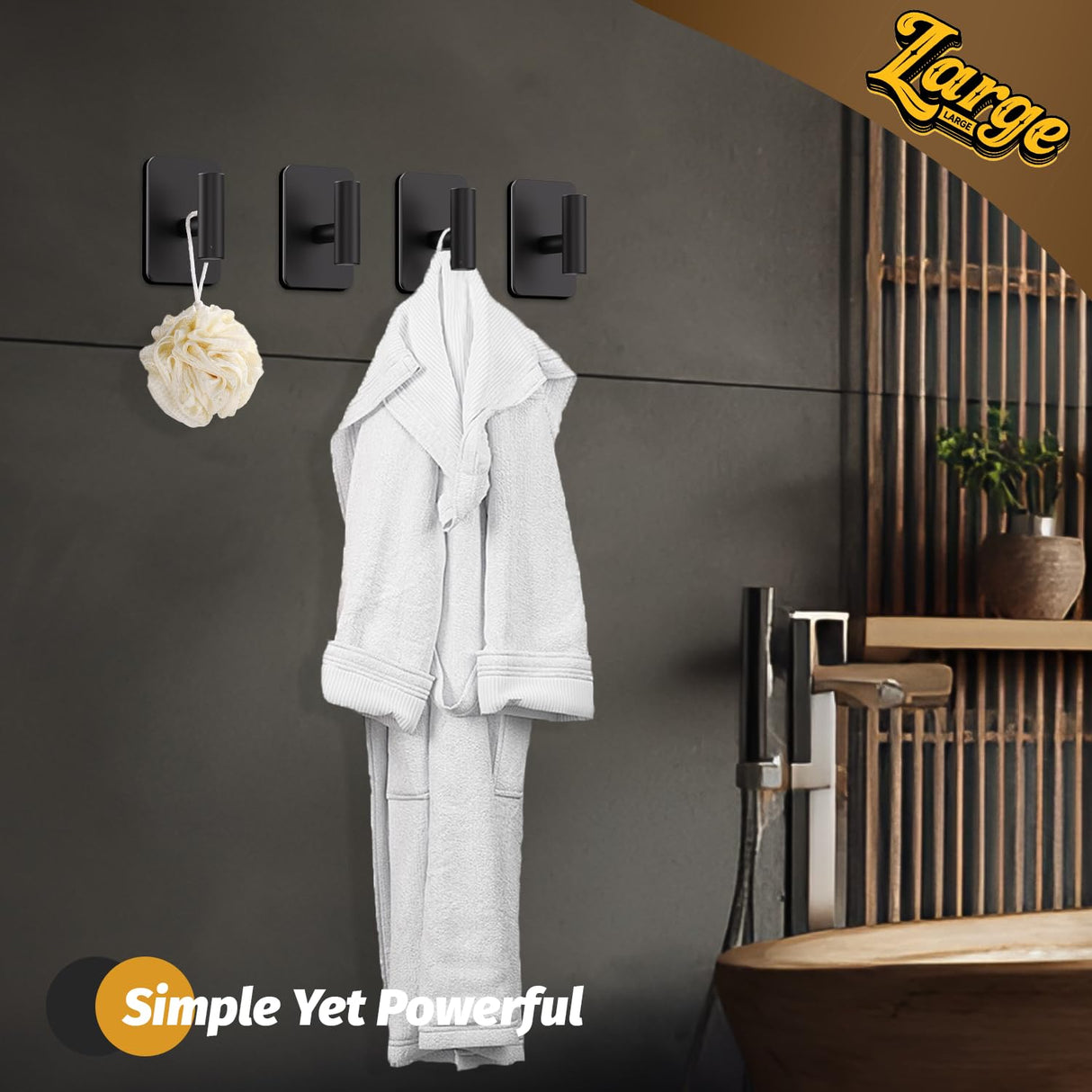 Eowihor Heavy Duty Adhesive Hooks - 26lb Max, Sticky Wall Hooks Waterproof Stainless Steel for Hanging Towel, Coat, Robe, Towel Hooks Stick on Bathroom, Kitchen, Shower, Door (Black, 4 Pack)