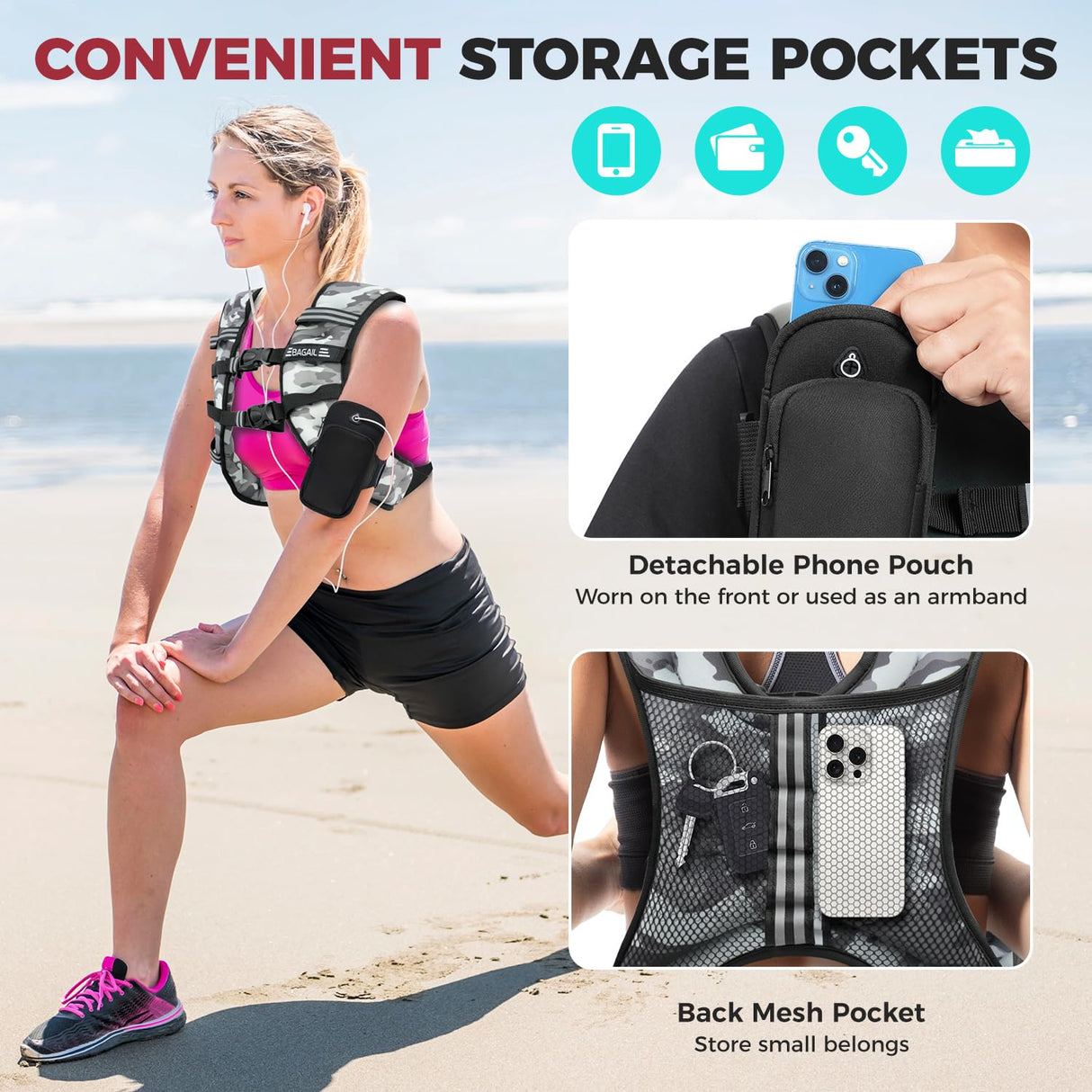 BAGAIL Weighted Vest, 5lbs/10lbs/12lbs/15lbs/20lbs/25lbs/30lbs Weight Vest with Detachable Phone Pouch, Rucking Vest for Women, Men, Walking, Weight Loss, Training, Running