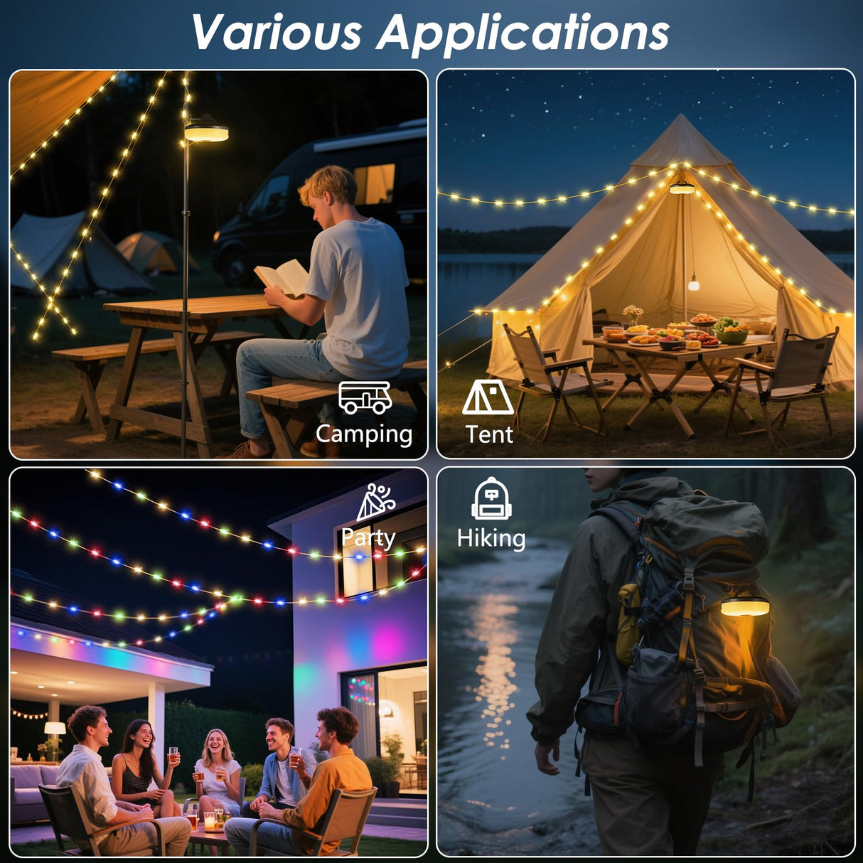 2Pack Camping String Lights, 4-in-1 Quick Storage Camp Light, 8Mode 32.8FT Hanging Tent Lights, Rechargeable Camp Lamp As Camping Essentials Gear, Waterproof LED Lantern for Hiking Travel Patio Party