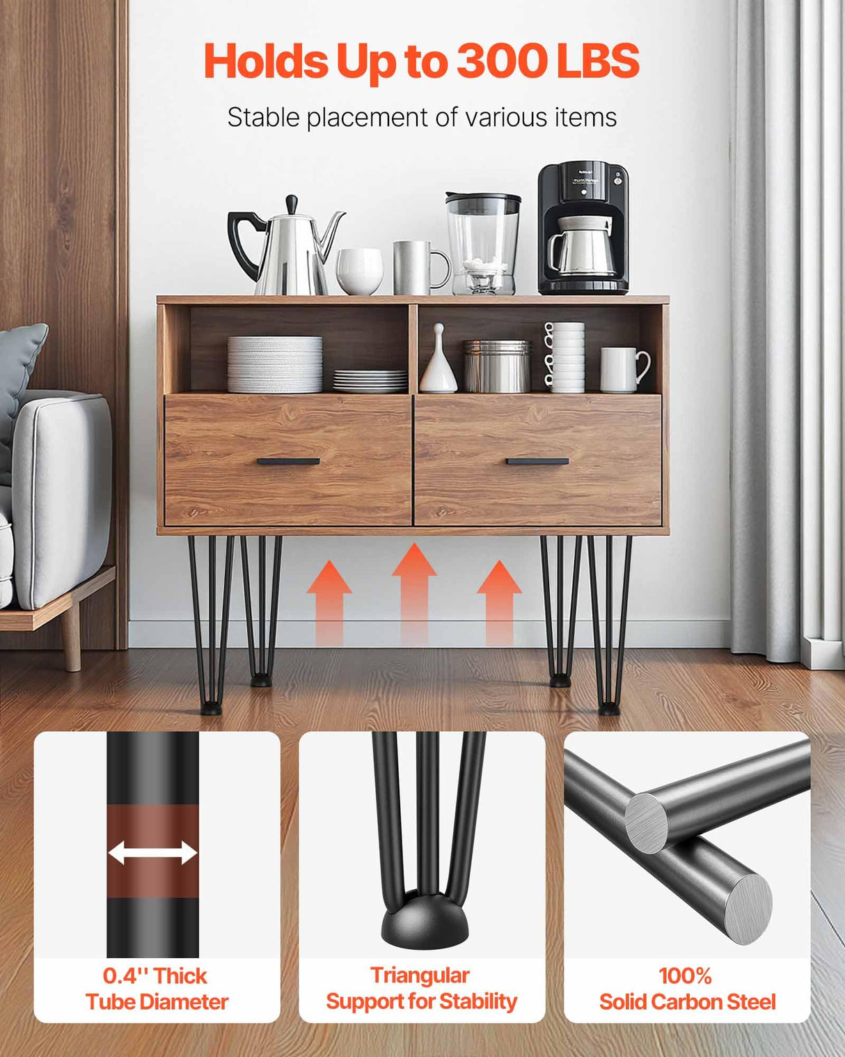 VEVOR Hairpin Table Legs 20" Black Set of 4 Desk Legs 880lbs Load Capacity (Each 220lbs) Hairpin Desk Legs 3 Rods for Bench Desk Dining End Table Chairs Carbon Steel DIY Heavy Duty Furniture Legs