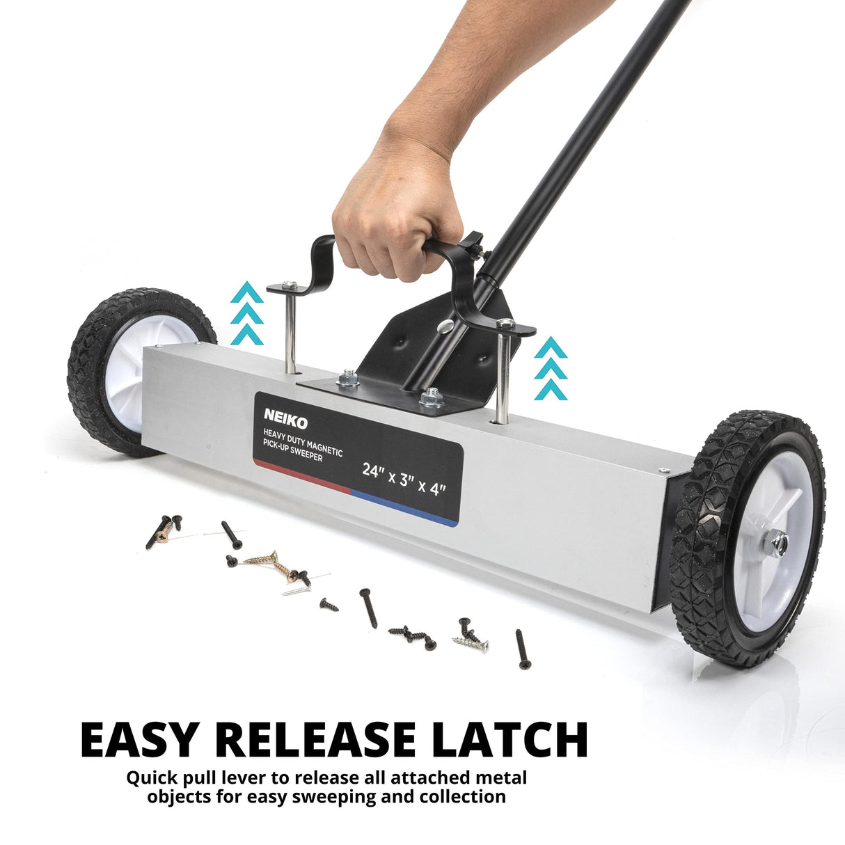 NEIKO 53416A 24” Rolling Magnetic Sweeper with Wheels, 50 Pound Capacity, Adjustable Handle & Floor Magnet Clearance Height, Metal Pick Up and Nail Magnet, Floor Sweeper for Construction, Shop, Etc.