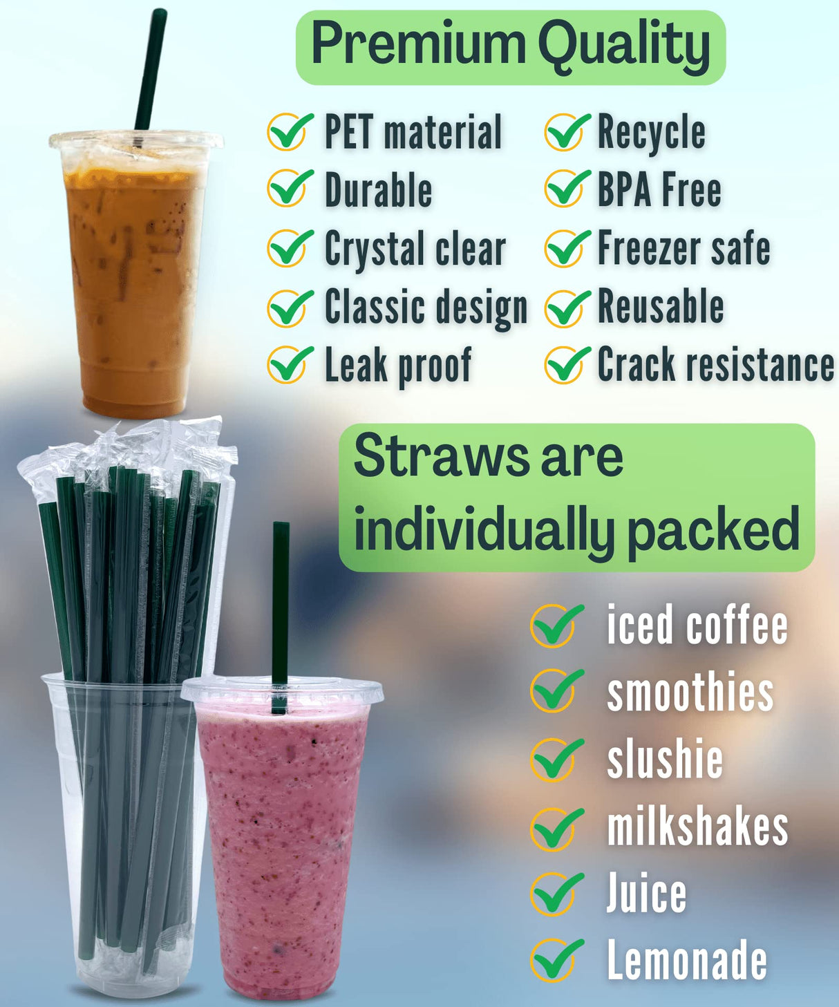 24 oz Clear Plastic Cups with Lids and STRAWS, Disposable Drinking Cups for Cold Drinks, Iced Coffee, Milkshakes, Smoothies, 25 Sets