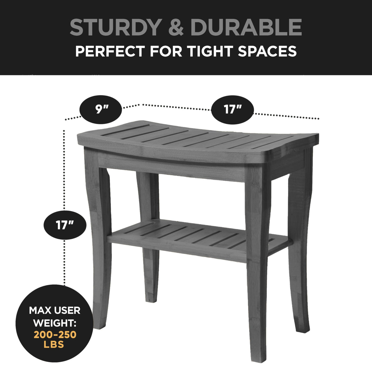 Bamboo Shower Bench - Small Shower Stool with Storage Shelf, Non-Slip Shower Seat, Bathroom Bench, Spa Decor Wooden Shower Bench, Foot Rest Shaving Stool for Shower, Indoor/Outdoor Use, Grey