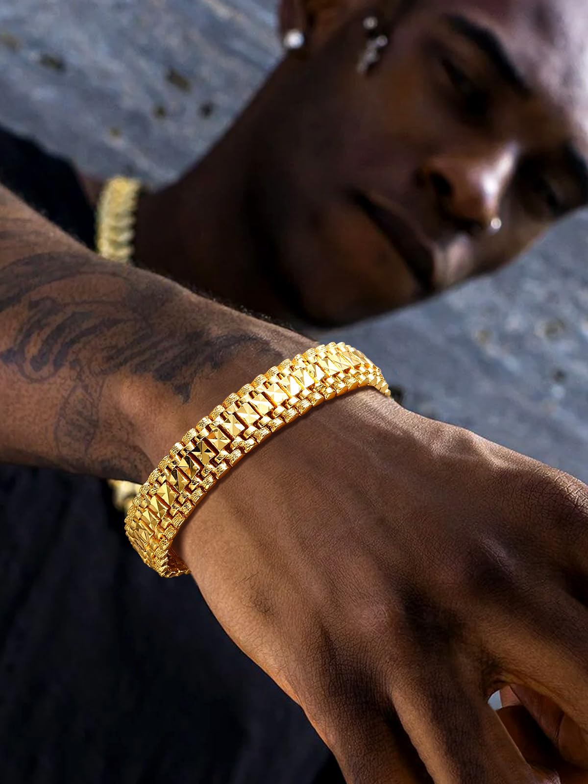 U7 Gold Bracelet for Men,14K Yellow Gold Plated Solid Mens Bracelet 12mm