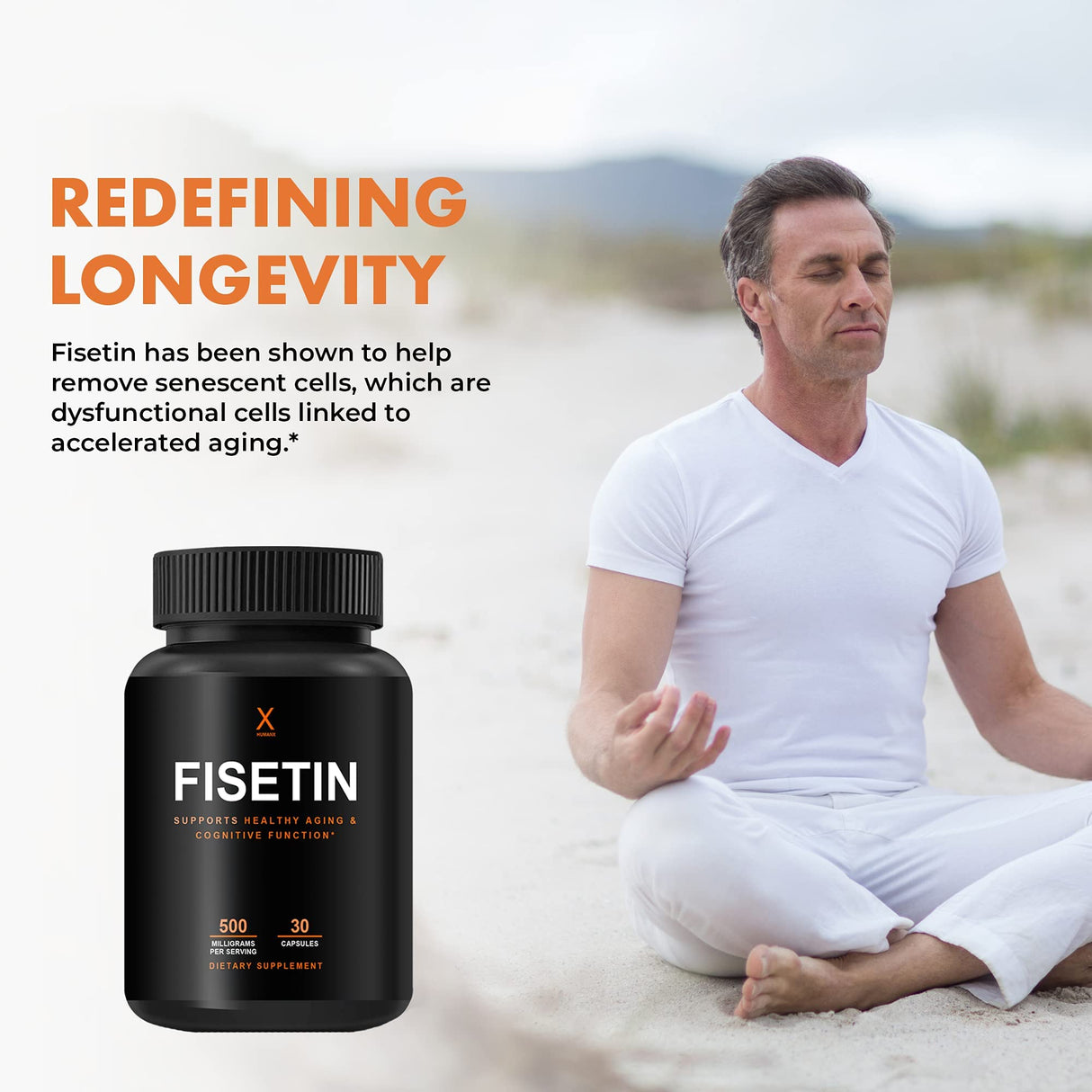 HUMANX Fisetin 500mg - 98% Pure Fisetin Supplement - Powerful Serving Size (Similar to Apigenin, Luteolin, Quercetin) Senolytic Activator - Natural Polypheonols - USA Made, Non-GMO Fisetin Capsules