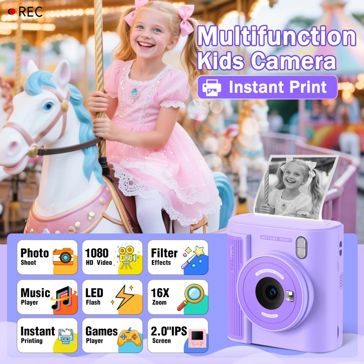 Upgrade Kids Camera Instant Print for Ages 3-12, Portable Instant Print Camera with HD Digital Video, Perfect Christmas Birthday Gift for Boys & Girls, Includes 32GB SD Card - Purple