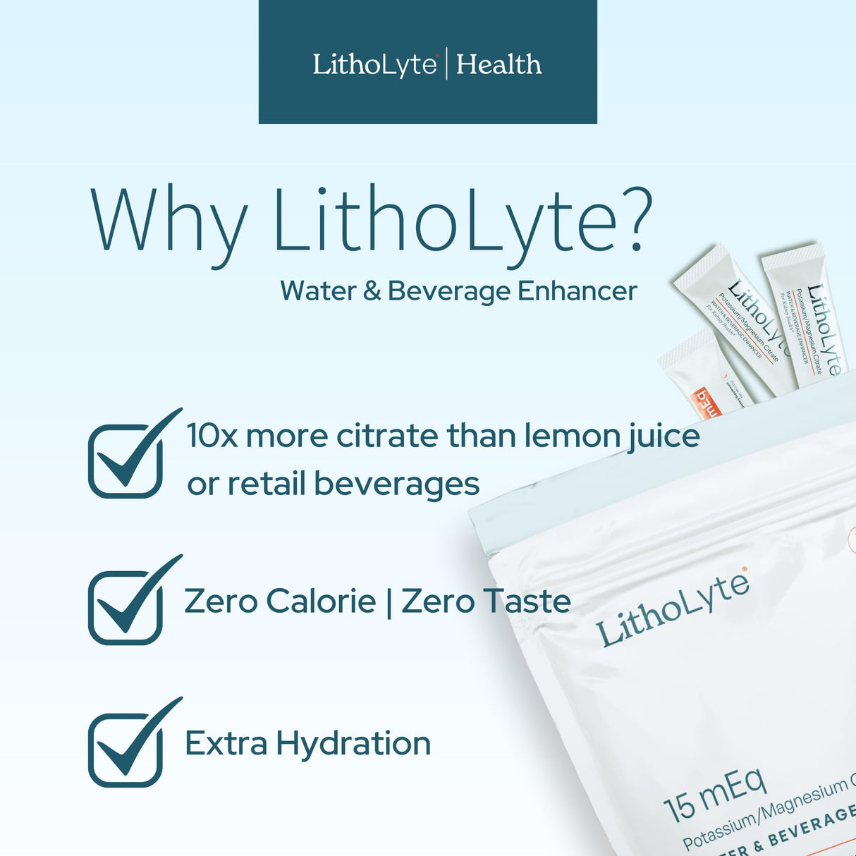LithoLyte Kidney Health | Water & Beverage Enhancer 10 mEq, Developed by Urologists, 1-Pack (60 Sticks)