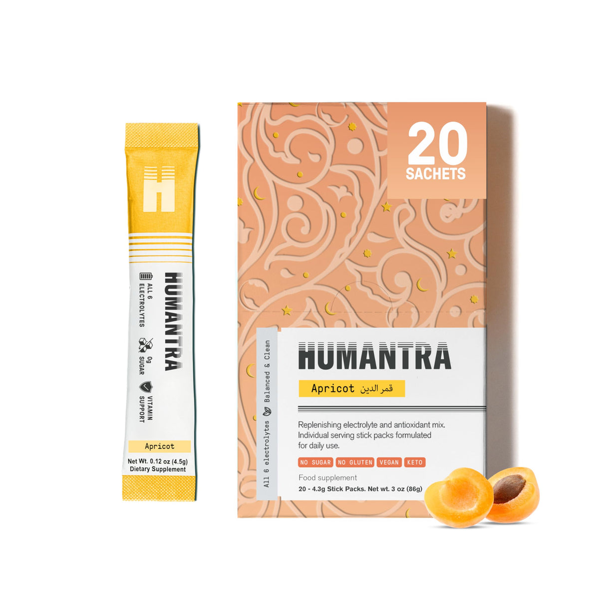 Humantra Hydration Packets | Zero Sugar Electrolyte Hydration Multiplier w/Essential Minerals, Boost Immune & Metabolic Functions | Electrolytes Powder (20 Count, Apricot)