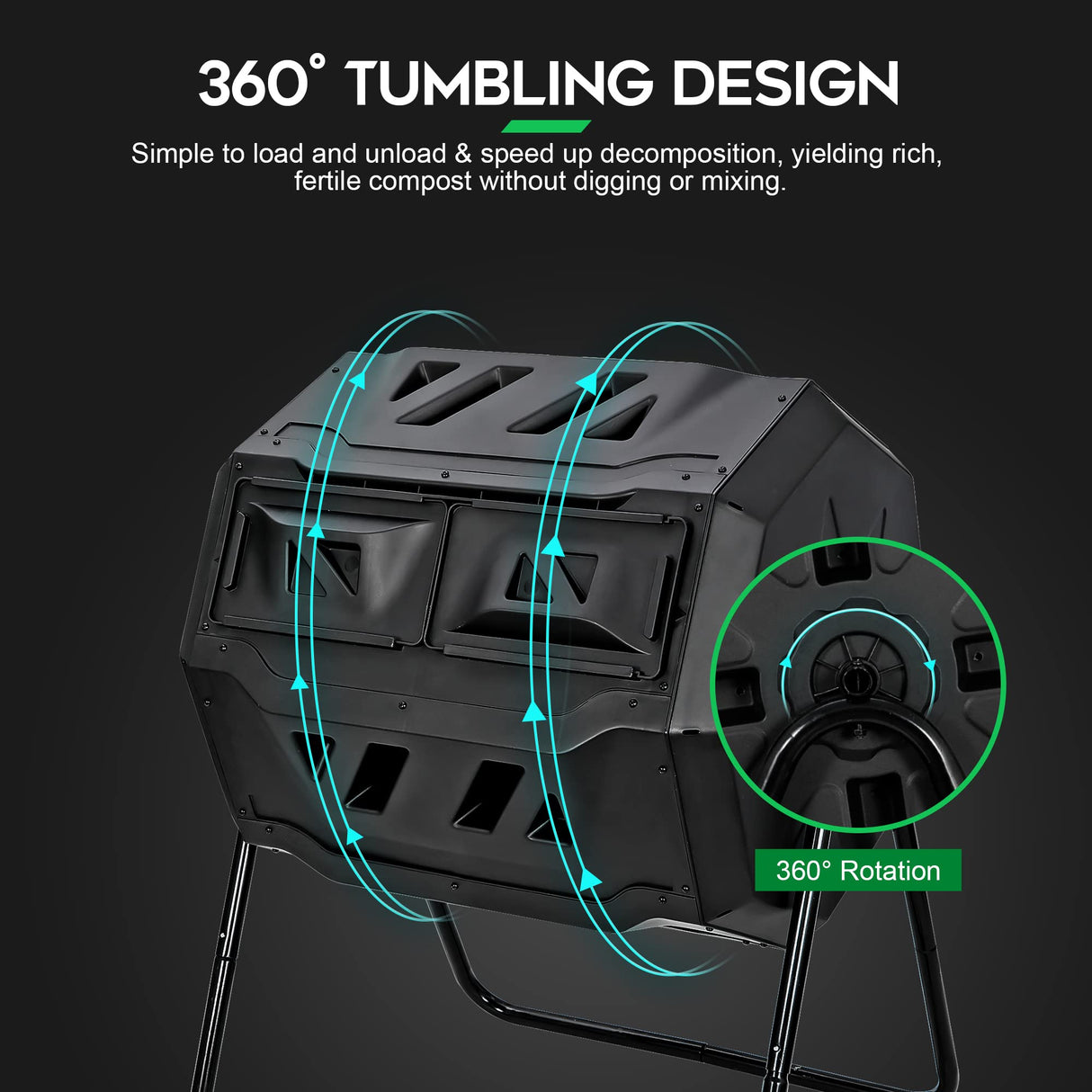 F2C Compost Bin Outdoor 43 Gallon Garden Dual Chamber Composter Bin - Bundled with Pearson's Gardening Gloves, BPA Free, Heavy-Duty Steel Frame, Rotating Tumbler with Sliding Doors -Black