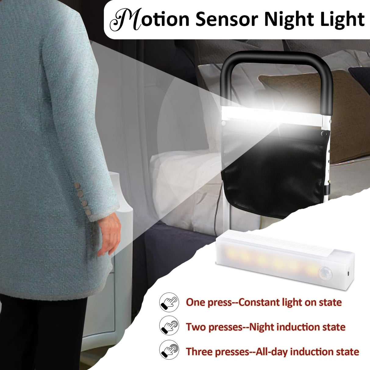 UHdod Bed Rails for Elderly Adults Safety with Motion Light Storage Pocket, Adjustable Heights Bed Cane Stable, Bedside Assist Bar Protects Seniors from Falling, Bed Assist Rails Fits Any Bed
