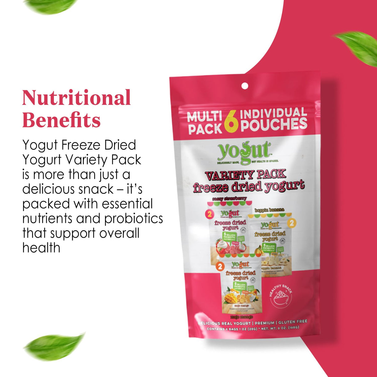 YoGut Freeze Dried Yogurt Snack, Variety Pack, 6 Pack, Healthy Snacks for Kids, Toddlers & Adults, Gluten Free, Non GMO, With 5 Billion Live Probiotics, Vitamins & Minerals, Individual Snack Packs
