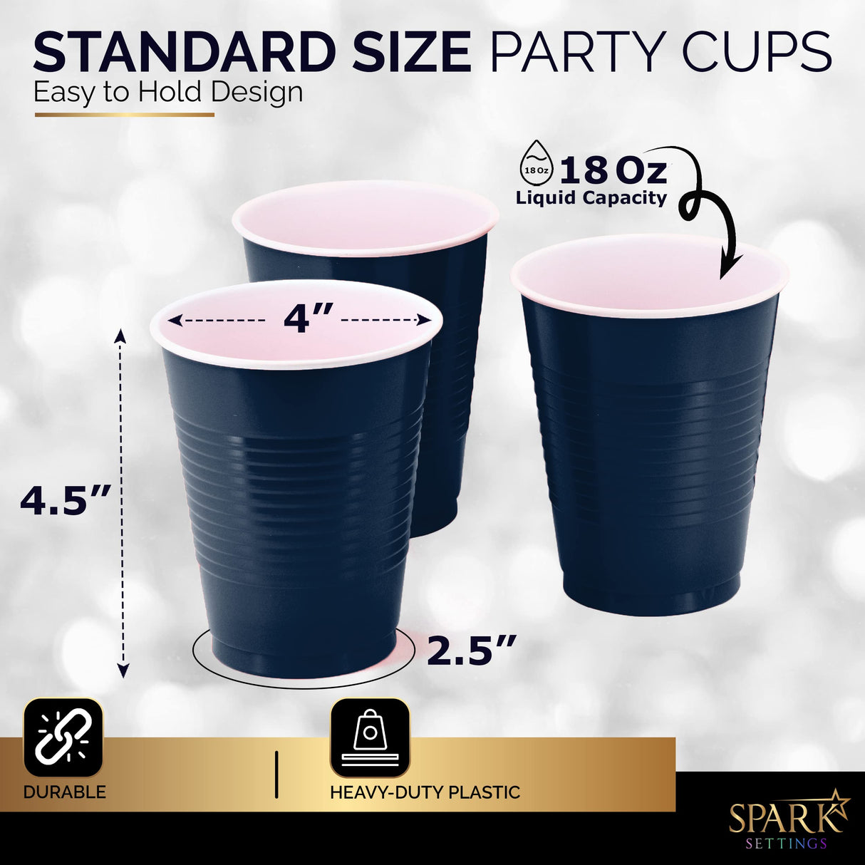 Amcrate Disposable Cups, Navy 18-Ounce Plastic Party Cups, Strong and Sturdy for Wedding, Christmas, Halloween, 50 Pack