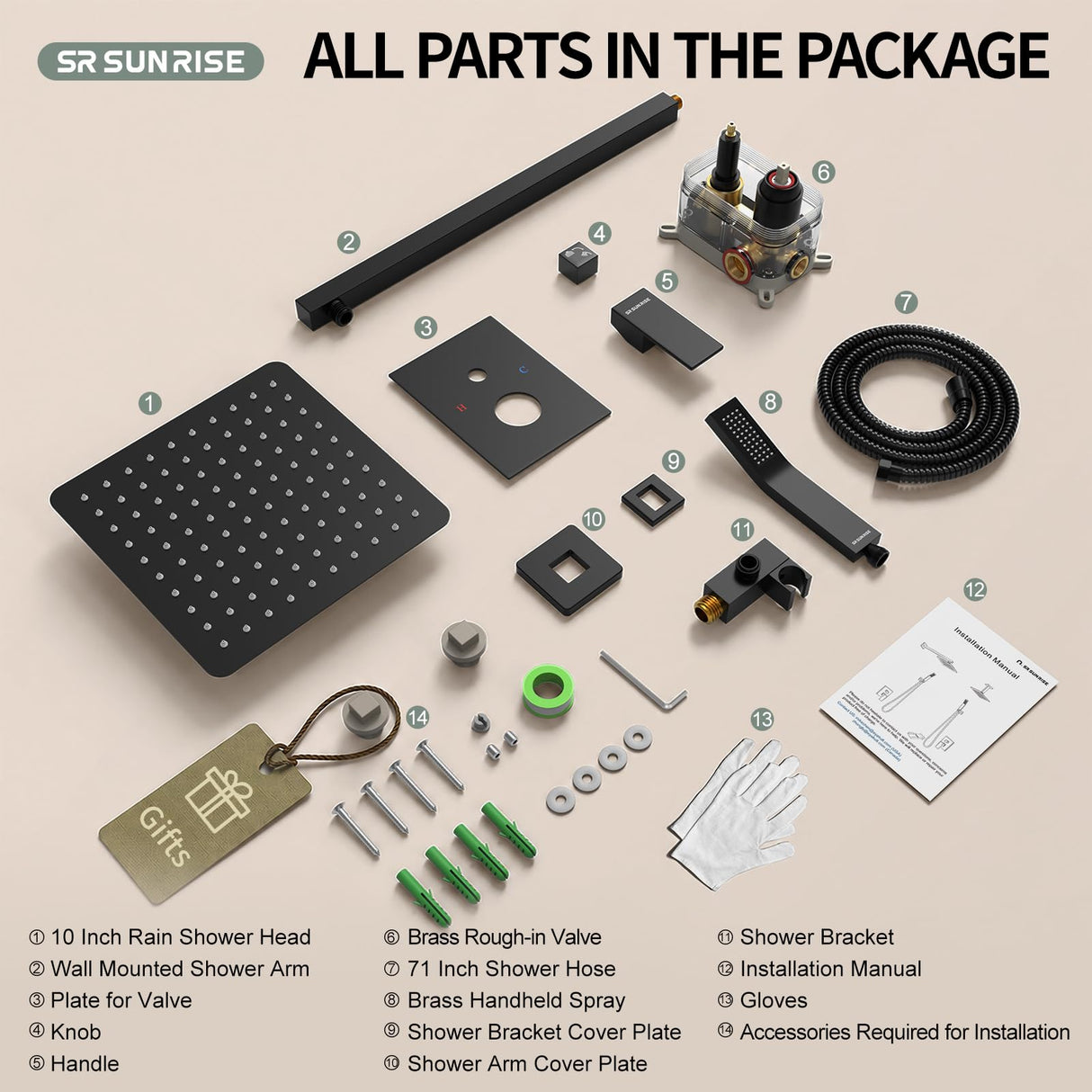 SR SUN RISE Black Square Rainfall Shower Head and Handle Set, Wall Mounted Shower Fixtures, Metal Shower Faucet Trim Repair Kits (With Shower Valve)