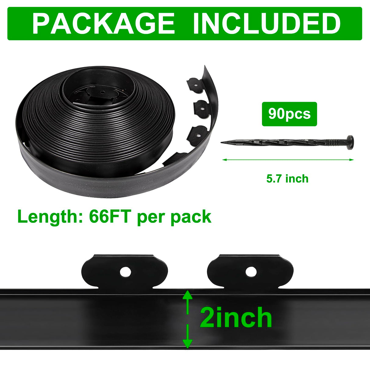 JERIA 2 Inch Tall 66 FT Garden Edging Kit with 90pcs Spikes, Plastic Edging for Landscaping