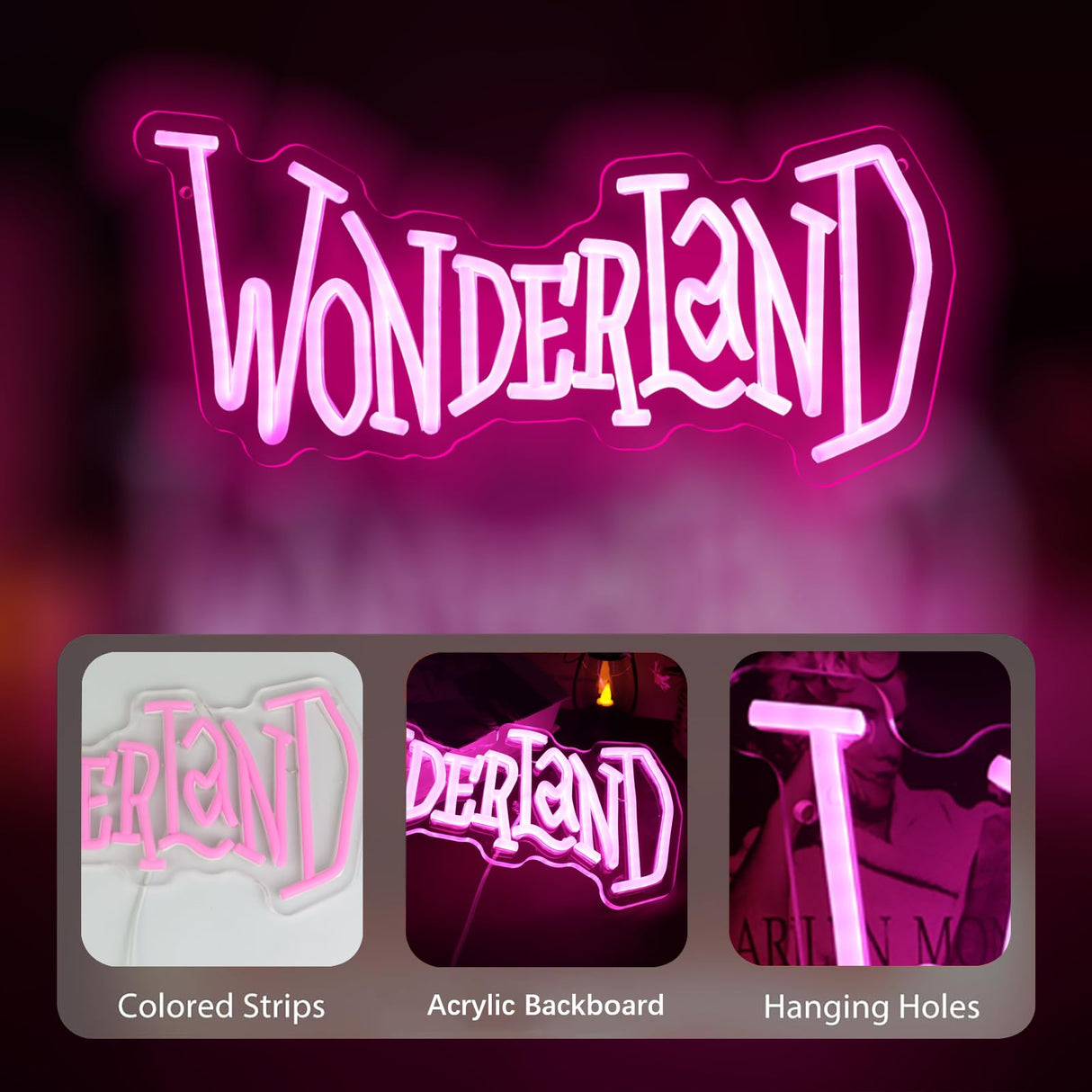 Wonderland Neon Signs Alice In Wonderland Neon Light for Wall Art Decor, Dimmable Pink LED Neon Lights for Bedroom Theme Hotel Bar Decorations Halloween Christmas Kids Gifts 7 * 16 IN
