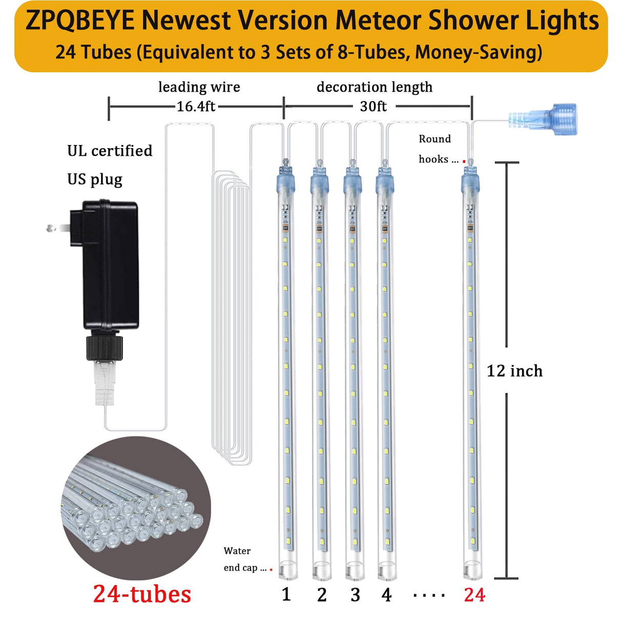 ZPQBEYE Christmas Lights Outdoor Meteor Shower Lights 24-Tube 576LEDs Snow Falling Rain Cascading Icicle Light for Xmas Tree Christmas Decorations Wedding Party Holiday Garden Decor, UL Plug Blue