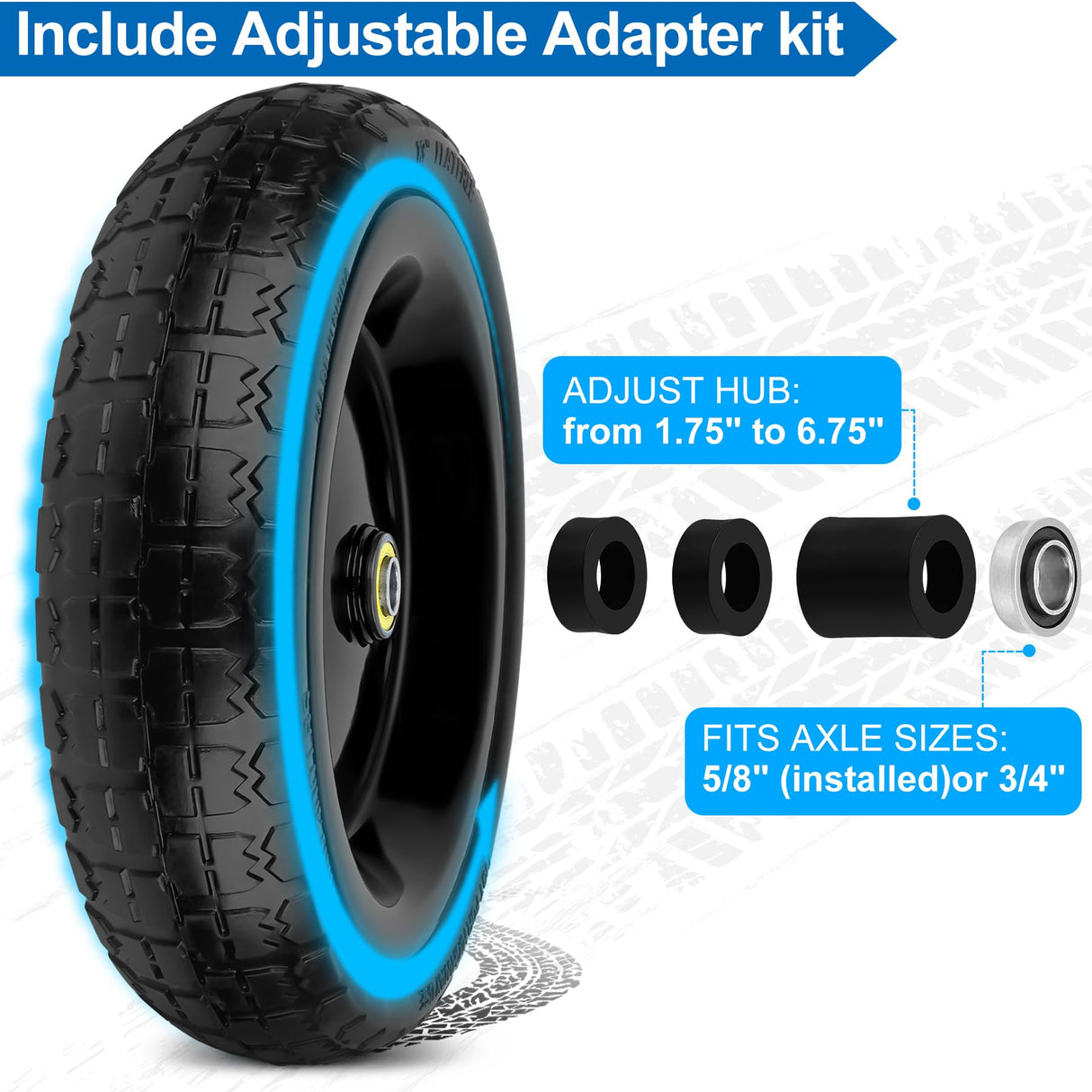 phepetroll 13 Inch Flat Free Wheels Tires 4.00-6 Solid Replacement with Universal 5/8" Axle Bore Hole, 8 Spacers and 4 Pins, for Wheelbarrow, Garden Wagon, Hand Truck, Trolley, Lawn Mower, 2 Pack