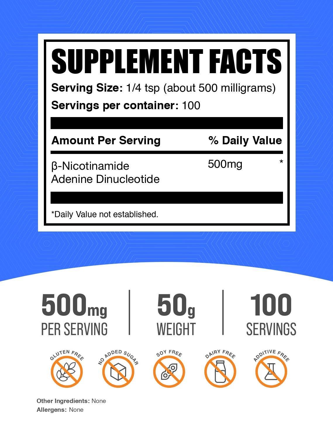BulkSupplements.com NAD Powder - Nicotinamide Adenine Dinucleotide, NAD Supplement 500mg - for Energy Support, Pure & Gluten Free, 500mg per Serving, 50g (1.8 oz) (Pack of 1)